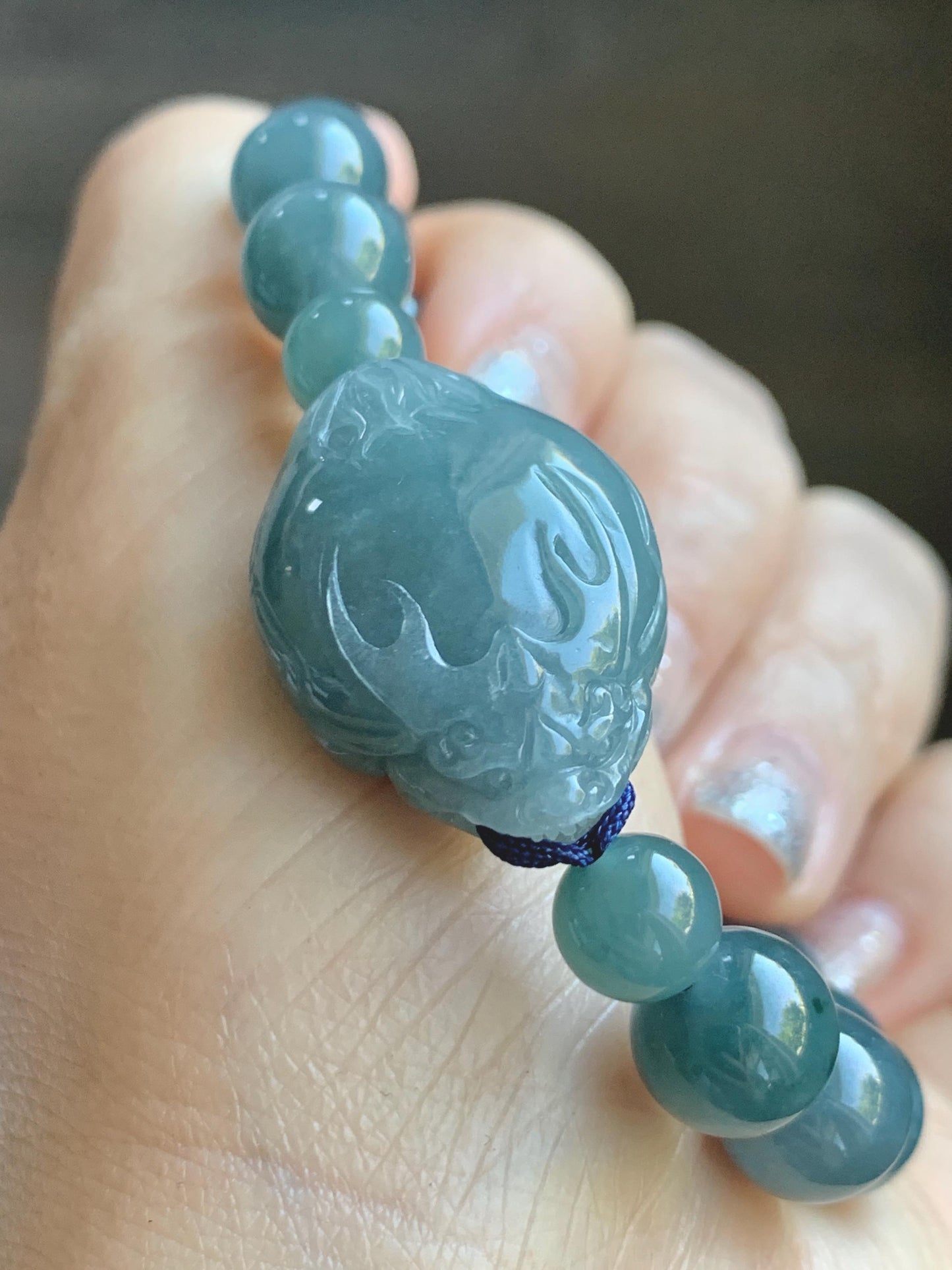 Natural Grade A Guatemalan Icy Translucent Dusty Teal Blue Jade Jadeite Dragon Turtle Beaded Bracelet 7” 37g 天然冰危灰蓝翡翠龙龟圆珠手串 HLG208