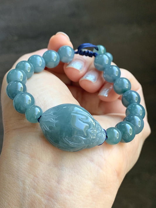 Natural Grade A Guatemalan Icy Translucent Dusty Teal Blue Jade Jadeite Dragon Turtle Beaded Bracelet 7” 37g 天然冰危灰蓝翡翠龙龟圆珠手串 HLG208