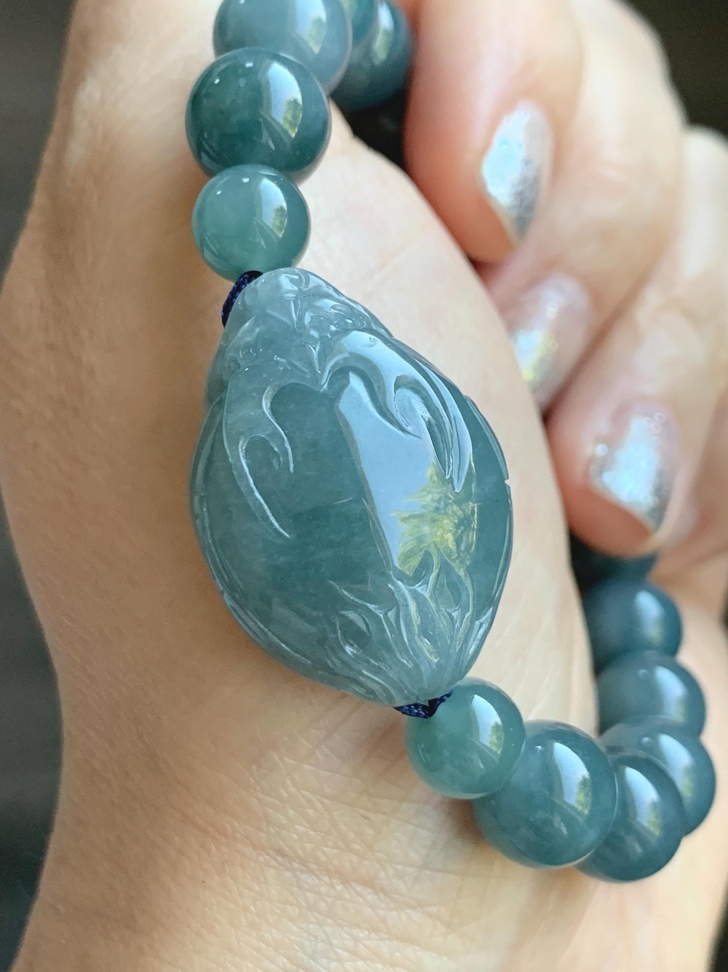 Natural Grade A Guatemalan Icy Translucent Dusty Teal Blue Jade Jadeite Dragon Turtle Beaded Bracelet 7” 37g 天然冰危灰蓝翡翠龙龟圆珠手串 HLG208