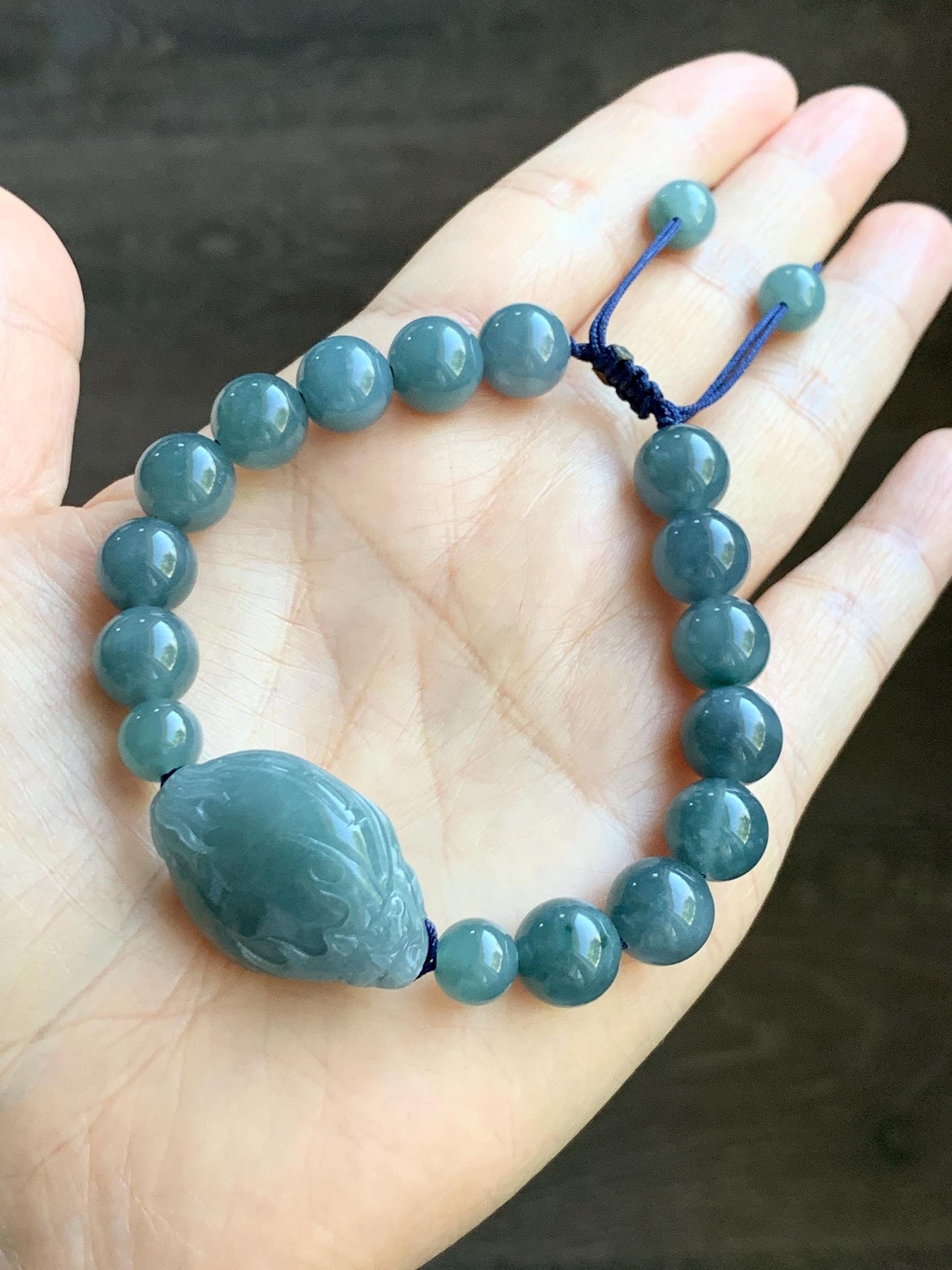 Natural Grade A Guatemalan Icy Translucent Dusty Teal Blue Jade Jadeite Dragon Turtle Beaded Bracelet 7” 37g 天然冰危灰蓝翡翠龙龟圆珠手串 HLG208