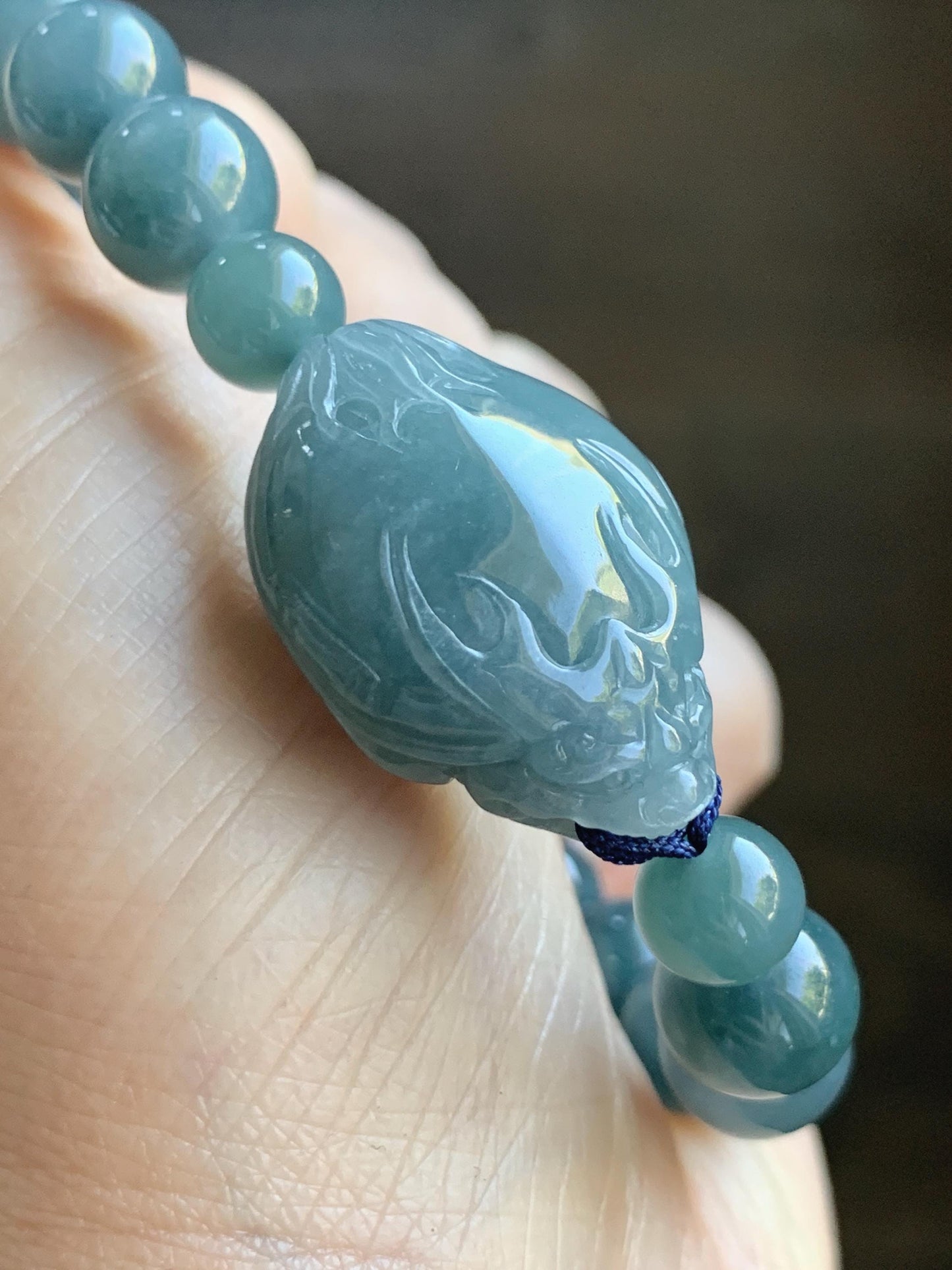 Natural Grade A Guatemalan Icy Translucent Dusty Teal Blue Jade Jadeite Dragon Turtle Beaded Bracelet 7” 37g 天然冰危灰蓝翡翠龙龟圆珠手串 HLG208
