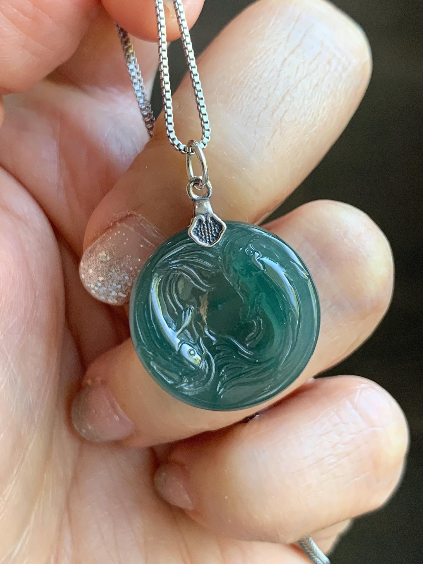 Natural Grade A Guatemalan Icy Translucent Teal Green Jade Jadeite Double Koi Fish Disc Pendant Sterling Silver 5g 天然冰危蓝绿翡翠双鱼圆牌吊坠 XKA128Y