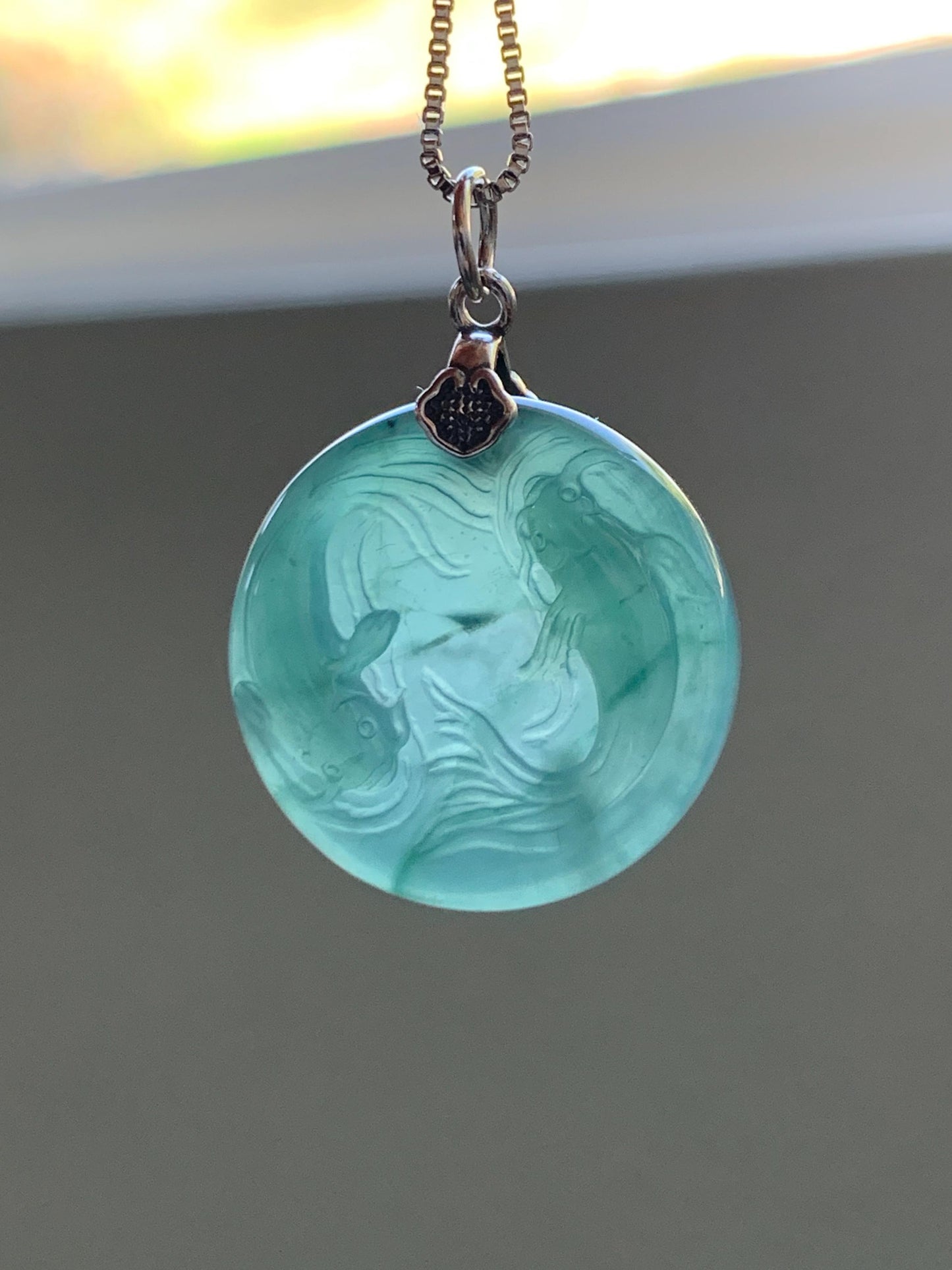 Natural Grade A Guatemalan Icy Translucent Teal Green Jade Jadeite Double Koi Fish Disc Pendant Sterling Silver 5g 天然冰危蓝绿翡翠双鱼圆牌吊坠 XKA128Y