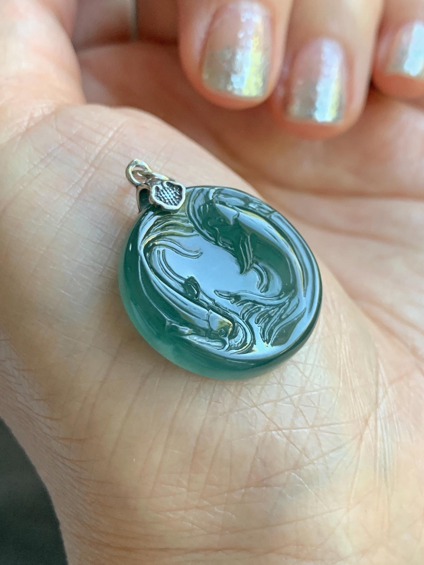 Natural Grade A Guatemalan Icy Translucent Teal Green Jade Jadeite Double Koi Fish Disc Pendant Sterling Silver 5g 天然冰危蓝绿翡翠双鱼圆牌吊坠 XKA128Y