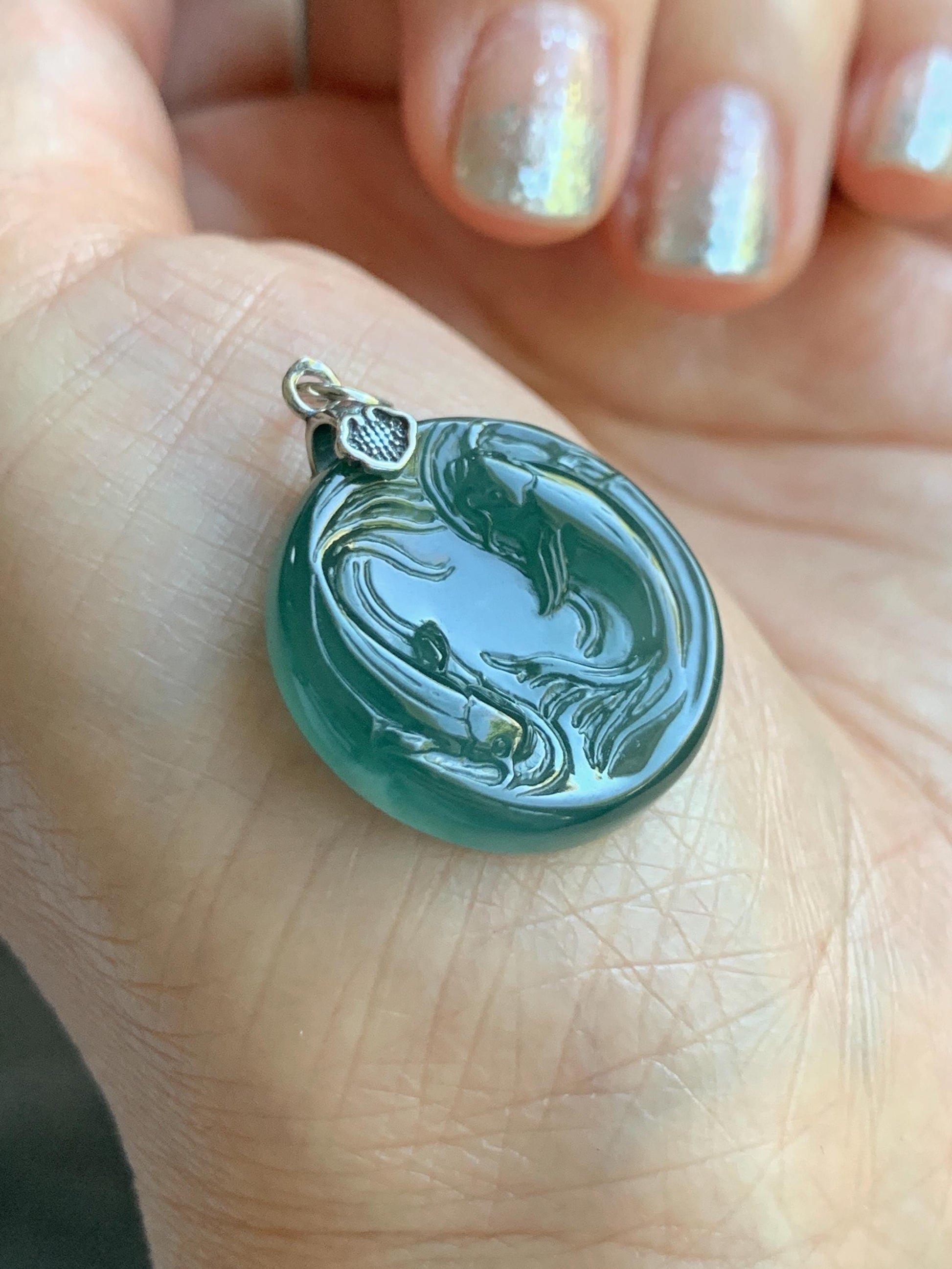 Natural Grade A Guatemalan Icy Translucent Teal Green Jade Jadeite Double Koi Fish Disc Pendant Sterling Silver 5g 天然冰危蓝绿翡翠双鱼圆牌吊坠 XKA128Y