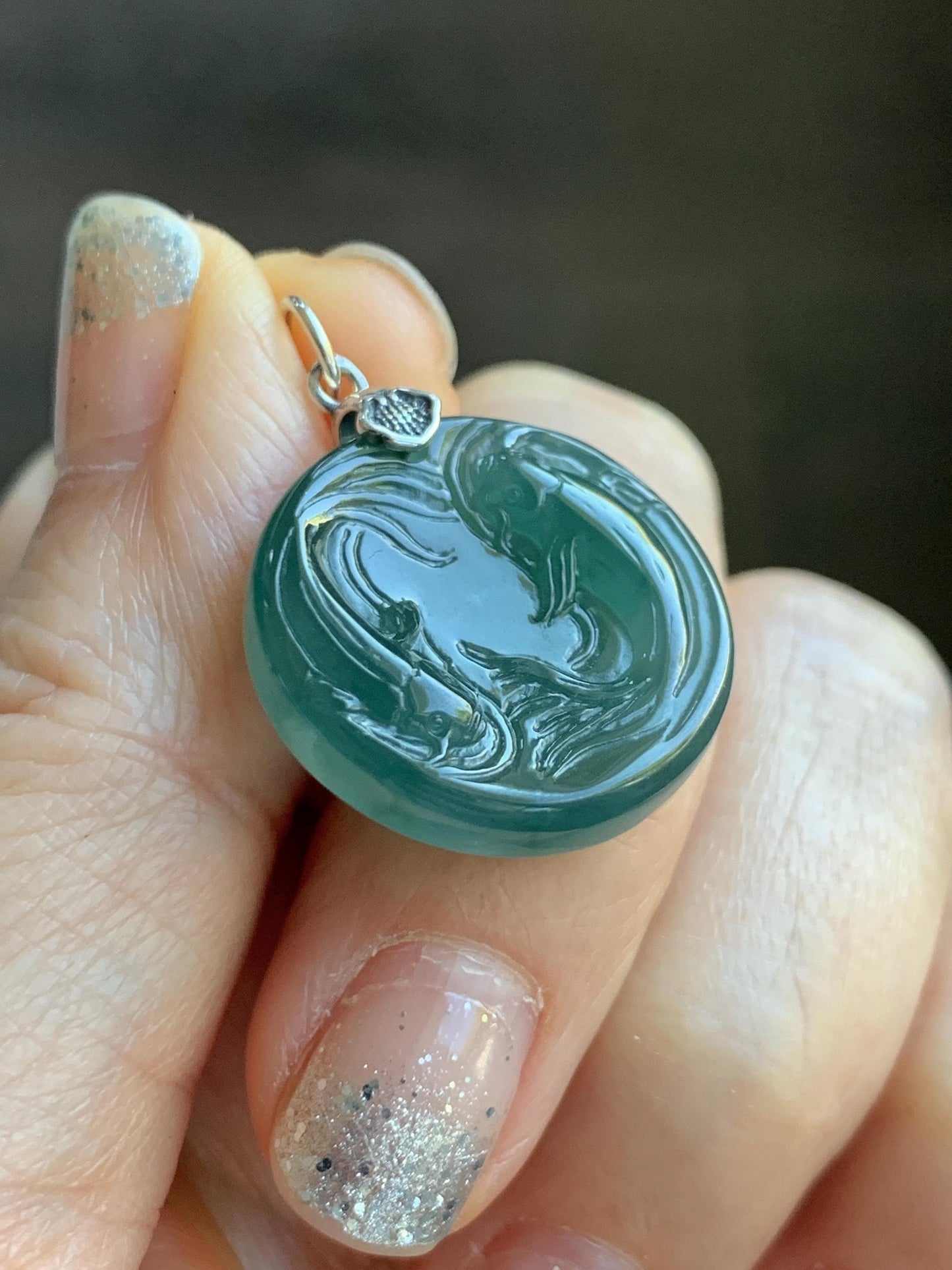 Natural Grade A Guatemalan Icy Translucent Teal Green Jade Jadeite Double Koi Fish Disc Pendant Sterling Silver 5g 天然冰危蓝绿翡翠双鱼圆牌吊坠 XKA128Y