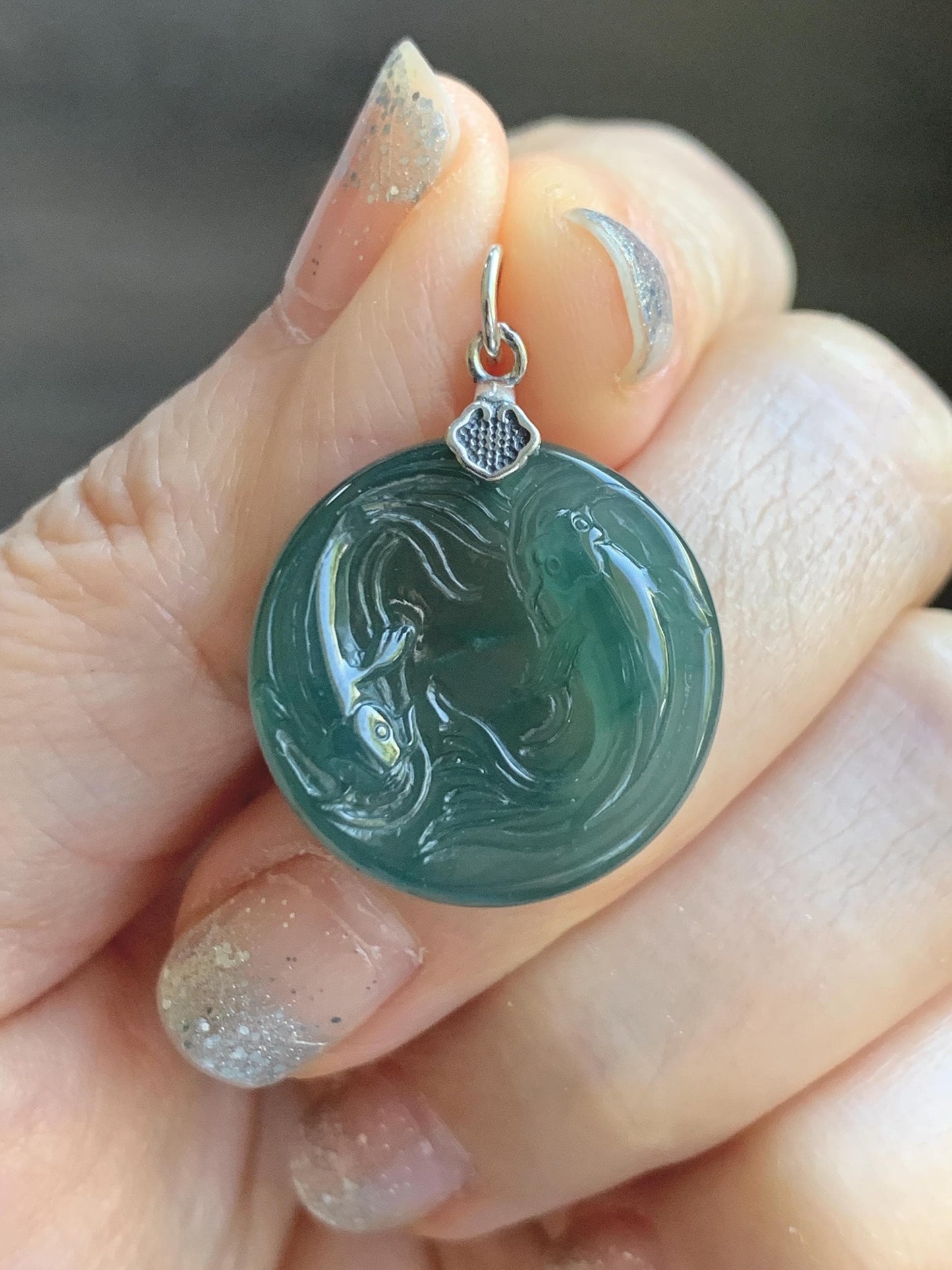 Natural Grade A Guatemalan Icy Translucent Teal Green Jade Jadeite Double Koi Fish Disc Pendant Sterling Silver 5g 天然冰危蓝绿翡翠双鱼圆牌吊坠 XKA128Y