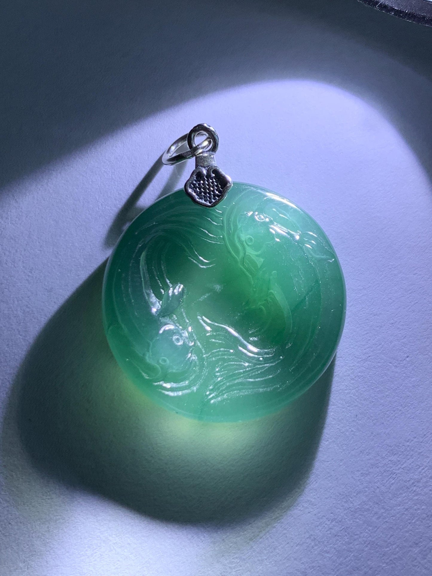 Natural Grade A Guatemalan Icy Translucent Teal Green Jade Jadeite Double Koi Fish Disc Pendant Sterling Silver 5g 天然冰危蓝绿翡翠双鱼圆牌吊坠 XKA128Y