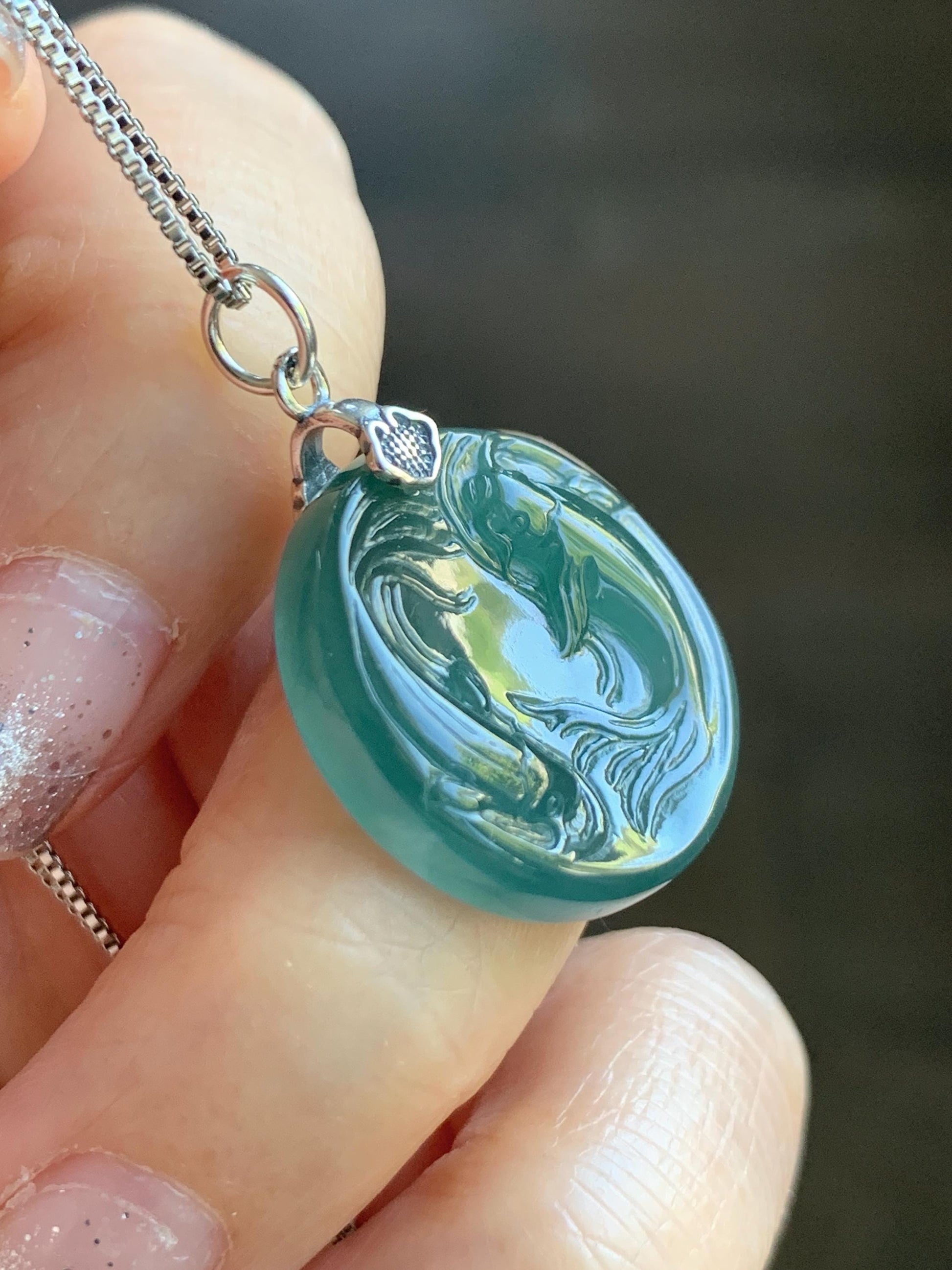 Natural Grade A Guatemalan Icy Translucent Teal Green Jade Jadeite Double Koi Fish Disc Pendant Sterling Silver 5g 天然冰危蓝绿翡翠双鱼圆牌吊坠 XKA128Y