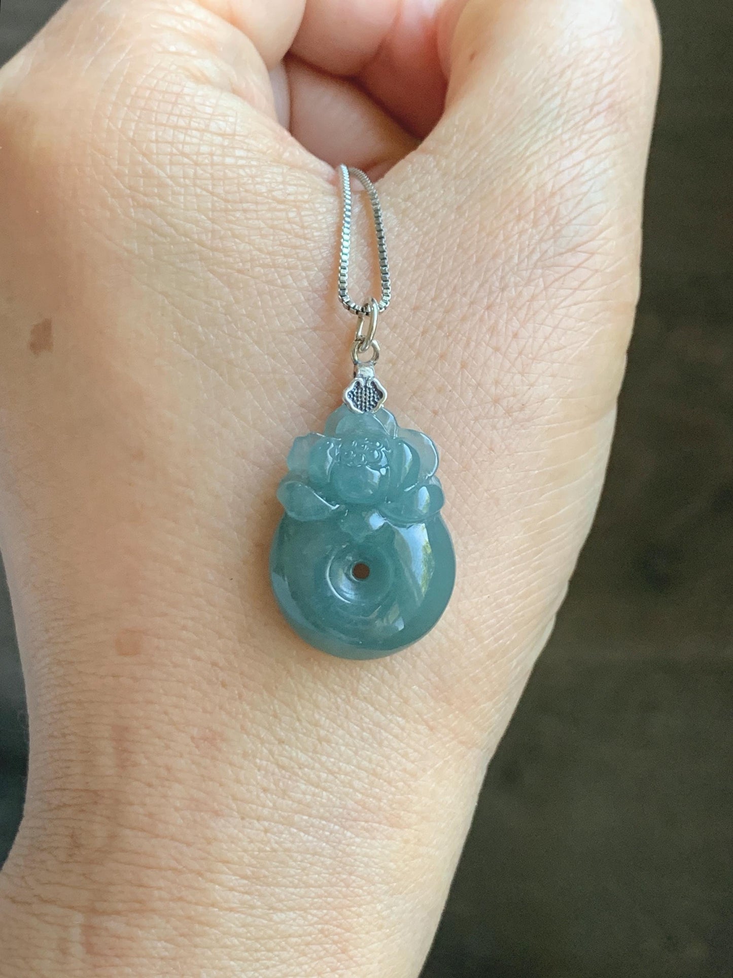 Natural Grade A Guatemalan Icy Translucent Teal Blue Jadeite Lotus Flower Ping An Kou Donut Pendant Sterling Silver 5g 天然冰危蓝翡翠莲花平安扣吊坠 WTL165