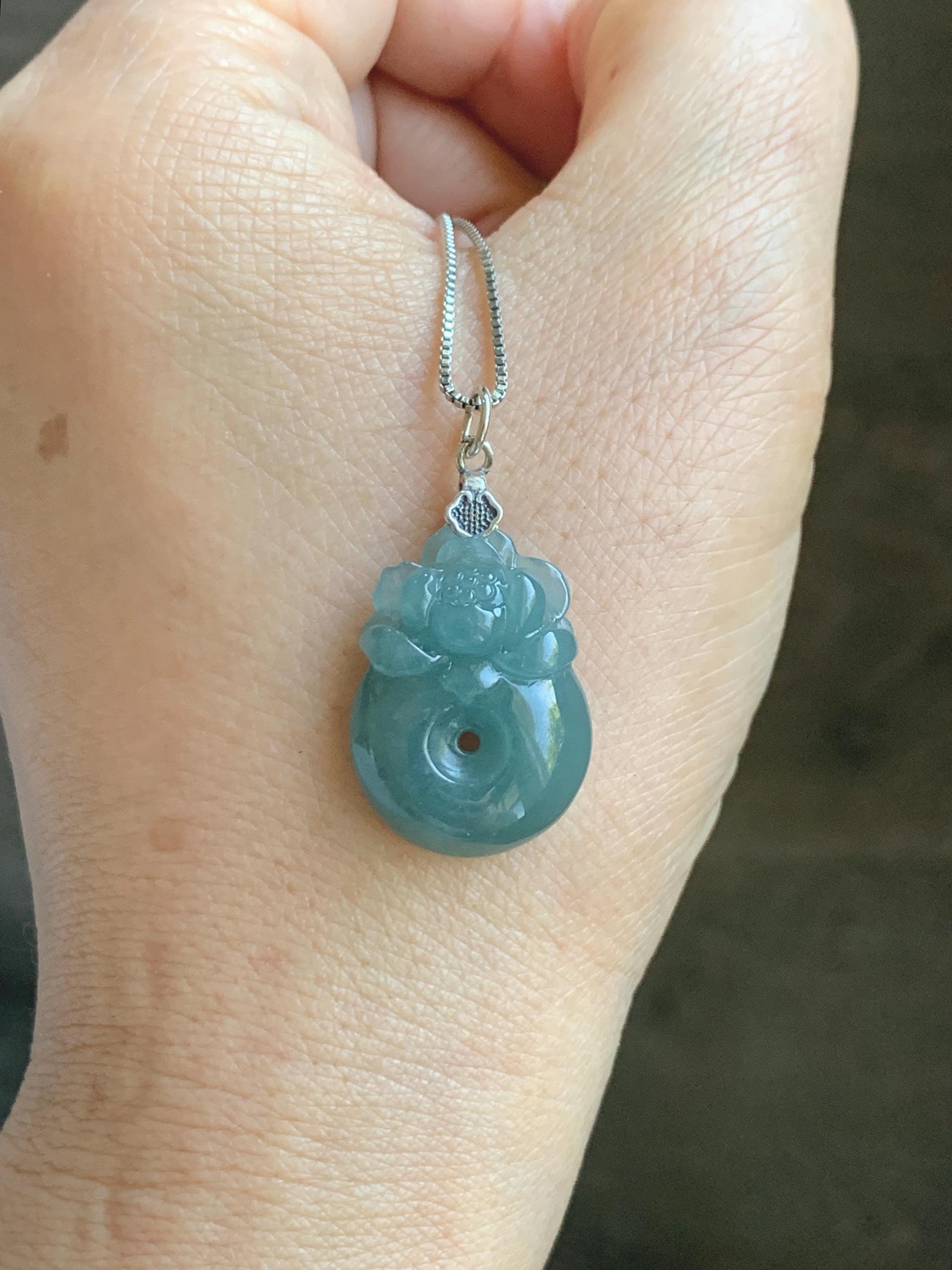 Natural Grade A Guatemalan Icy Translucent Teal Blue Jadeite Lotus Flower Ping An Kou Donut Pendant Sterling Silver 5g 天然冰危蓝翡翠莲花平安扣吊坠 WTL165