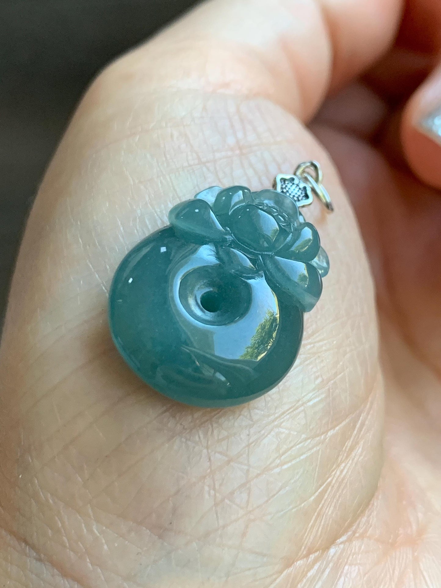 Natural Grade A Guatemalan Icy Translucent Teal Blue Jadeite Lotus Flower Ping An Kou Donut Pendant Sterling Silver 5g 天然冰危蓝翡翠莲花平安扣吊坠 WTL165