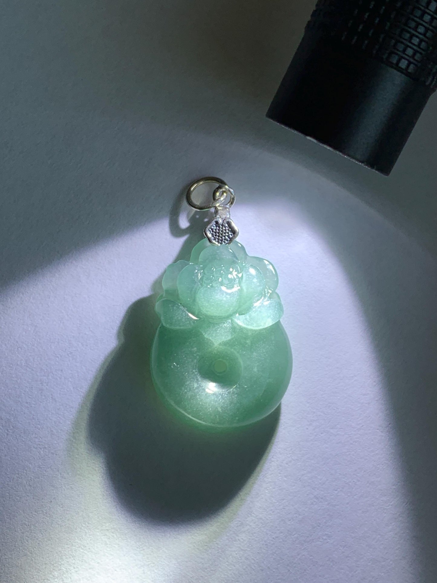 Natural Grade A Guatemalan Icy Translucent Teal Blue Jadeite Lotus Flower Ping An Kou Donut Pendant Sterling Silver 5g 天然冰危蓝翡翠莲花平安扣吊坠 WTL165