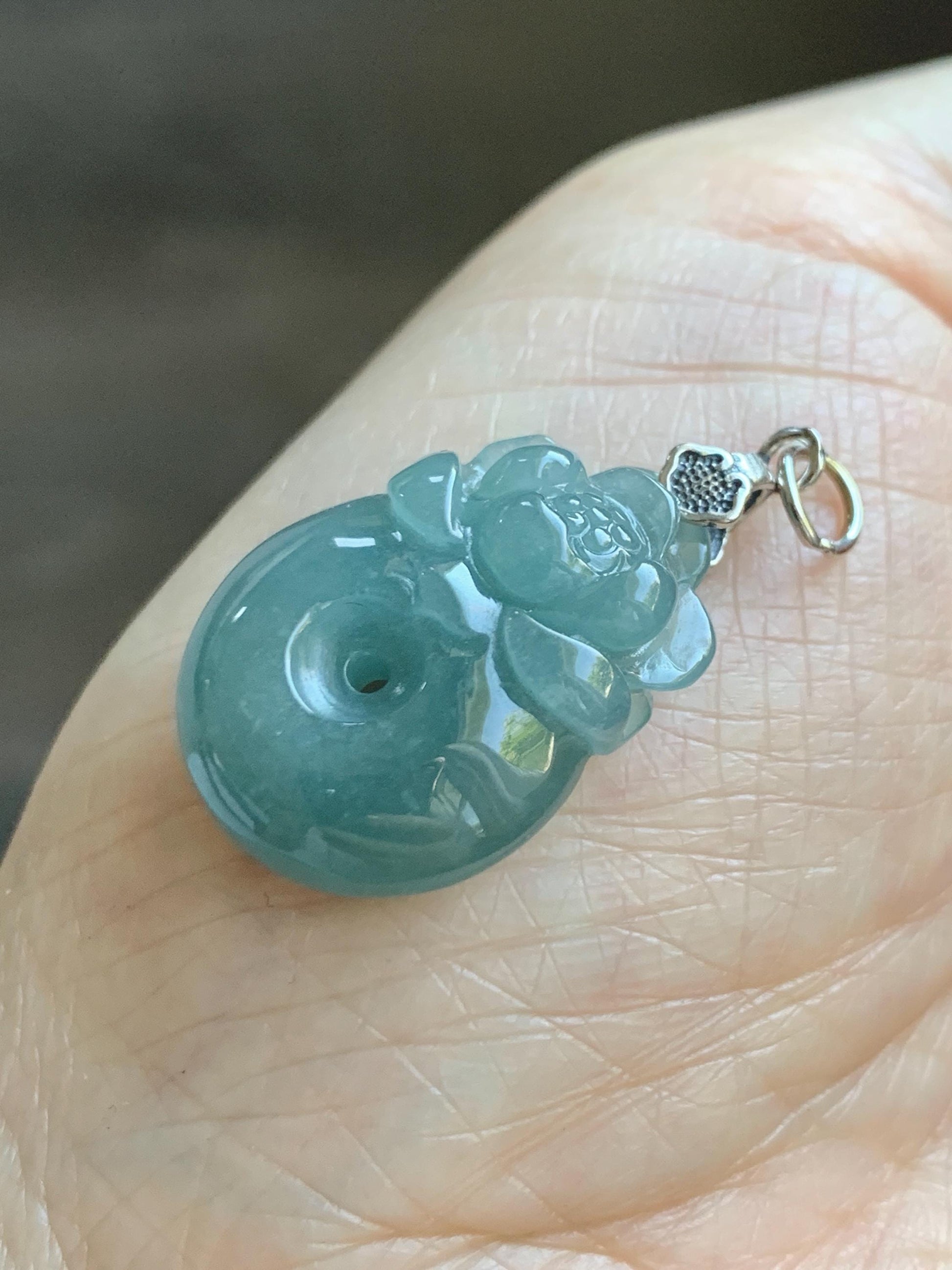 Natural Grade A Guatemalan Icy Translucent Teal Blue Jadeite Lotus Flower Ping An Kou Donut Pendant Sterling Silver 5g 天然冰危蓝翡翠莲花平安扣吊坠 WTL165