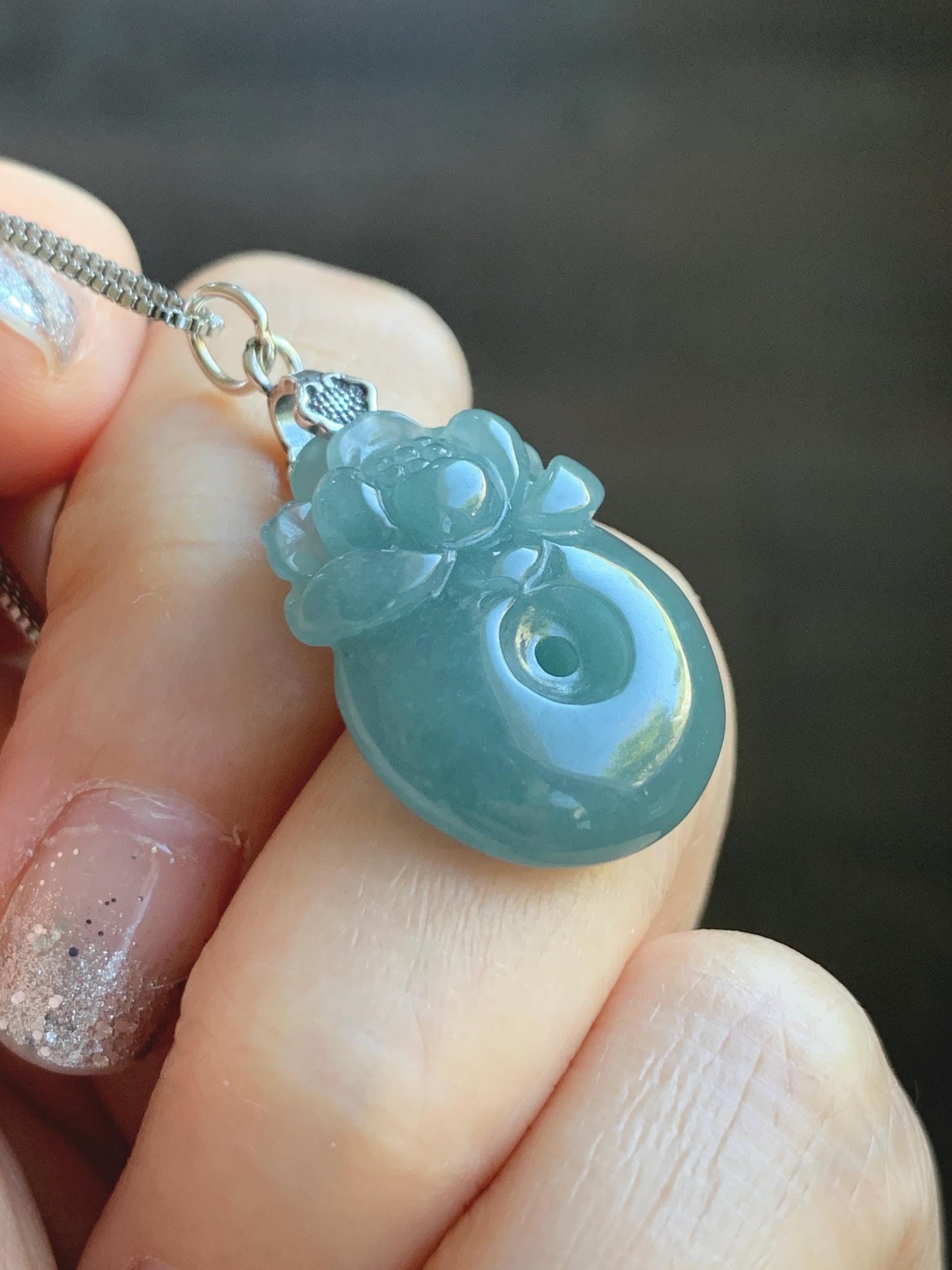 Natural Grade A Guatemalan Icy Translucent Teal Blue Jadeite Lotus Flower Ping An Kou Donut Pendant Sterling Silver 5g 天然冰危蓝翡翠莲花平安扣吊坠 WTL165