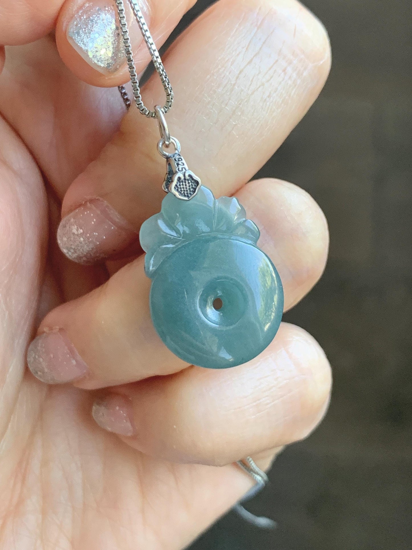 Natural Grade A Guatemalan Icy Translucent Teal Blue Jadeite Lotus Flower Ping An Kou Donut Pendant Sterling Silver 5g 天然冰危蓝翡翠莲花平安扣吊坠 WTL165