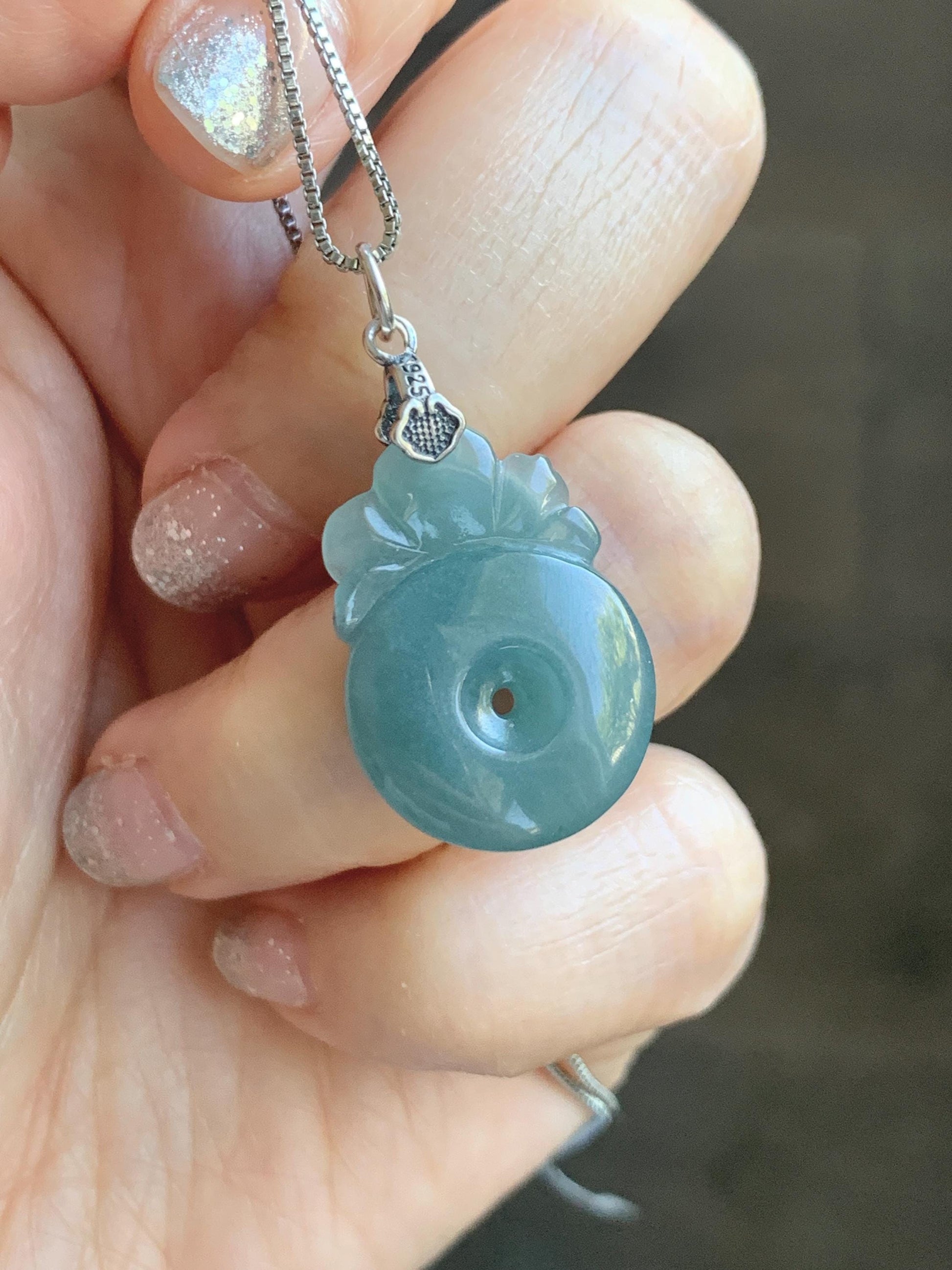 Natural Grade A Guatemalan Icy Translucent Teal Blue Jadeite Lotus Flower Ping An Kou Donut Pendant Sterling Silver 5g 天然冰危蓝翡翠莲花平安扣吊坠 WTL165