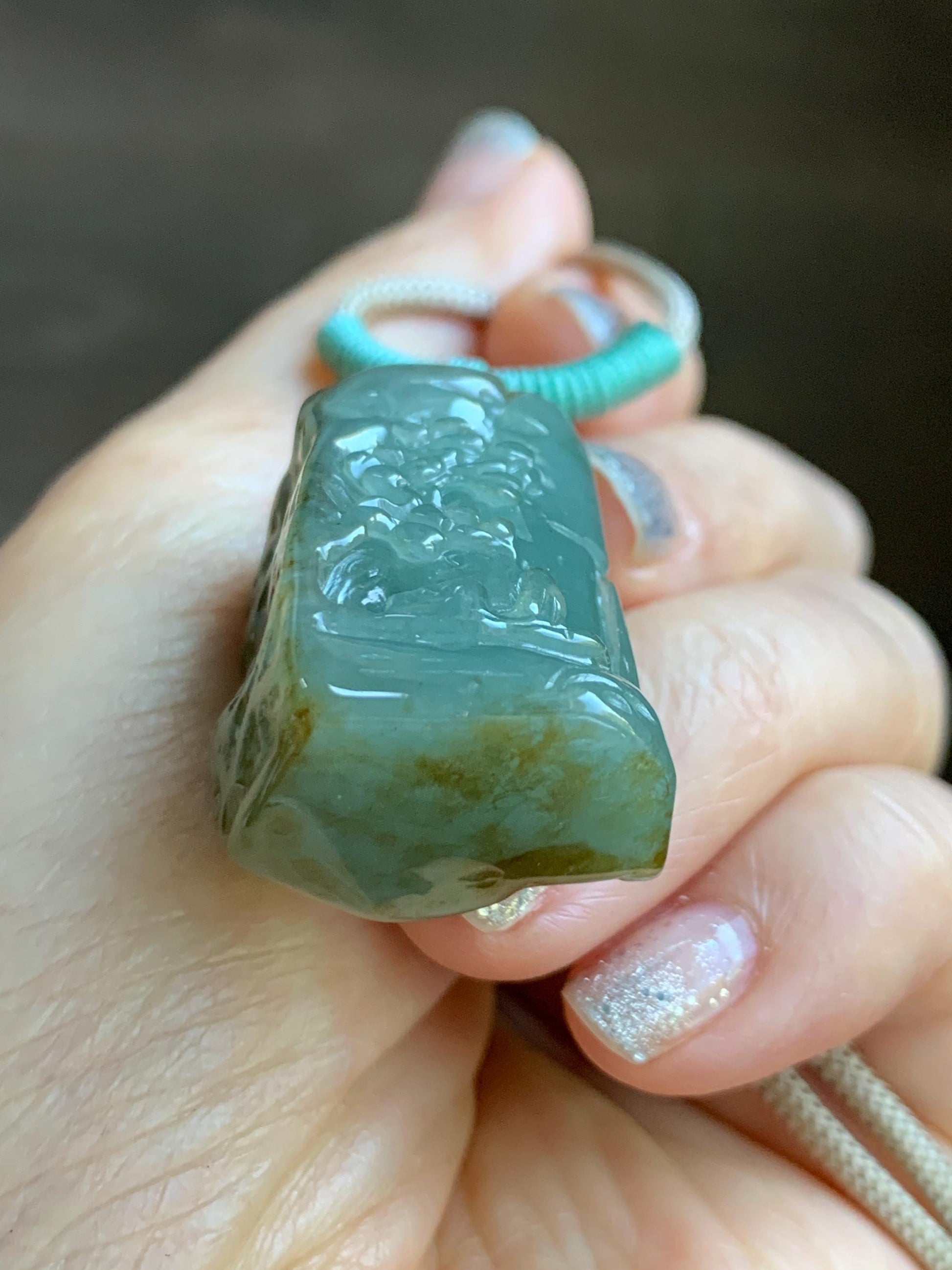 Natural Grade A Icy Translucent Dusty Green Bicolored Jade Jadeite w/ Rind Shan Shui Pendant Rope Necklace 26” 28g 天然冰暗蓝绿翡翠皮壳料山水吊坠项链 PKM95