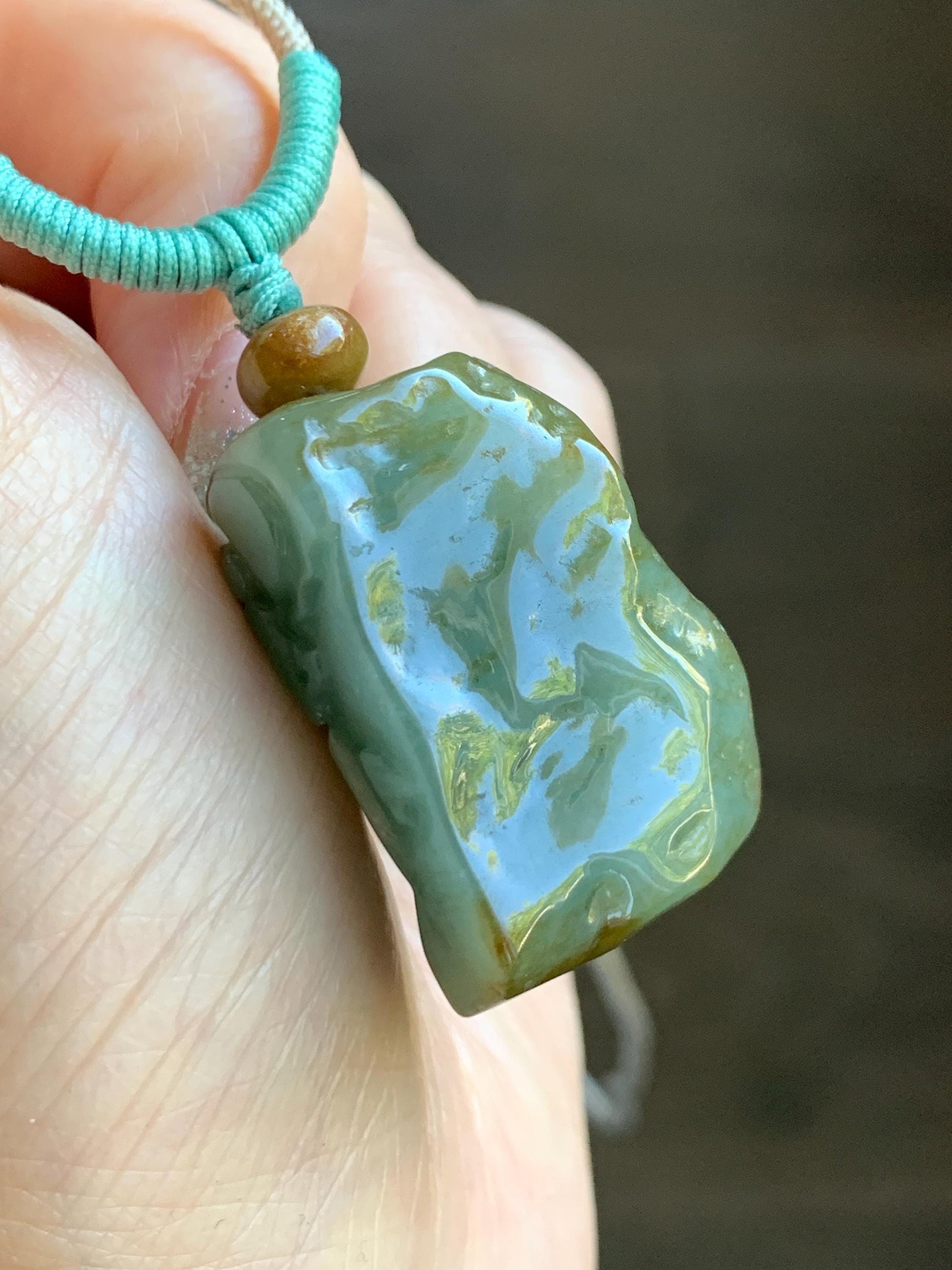 Natural Grade A Icy Translucent Dusty Green Bicolored Jade Jadeite w/ Rind Shan Shui Pendant Rope Necklace 26” 28g 天然冰暗蓝绿翡翠皮壳料山水吊坠项链 PKM95