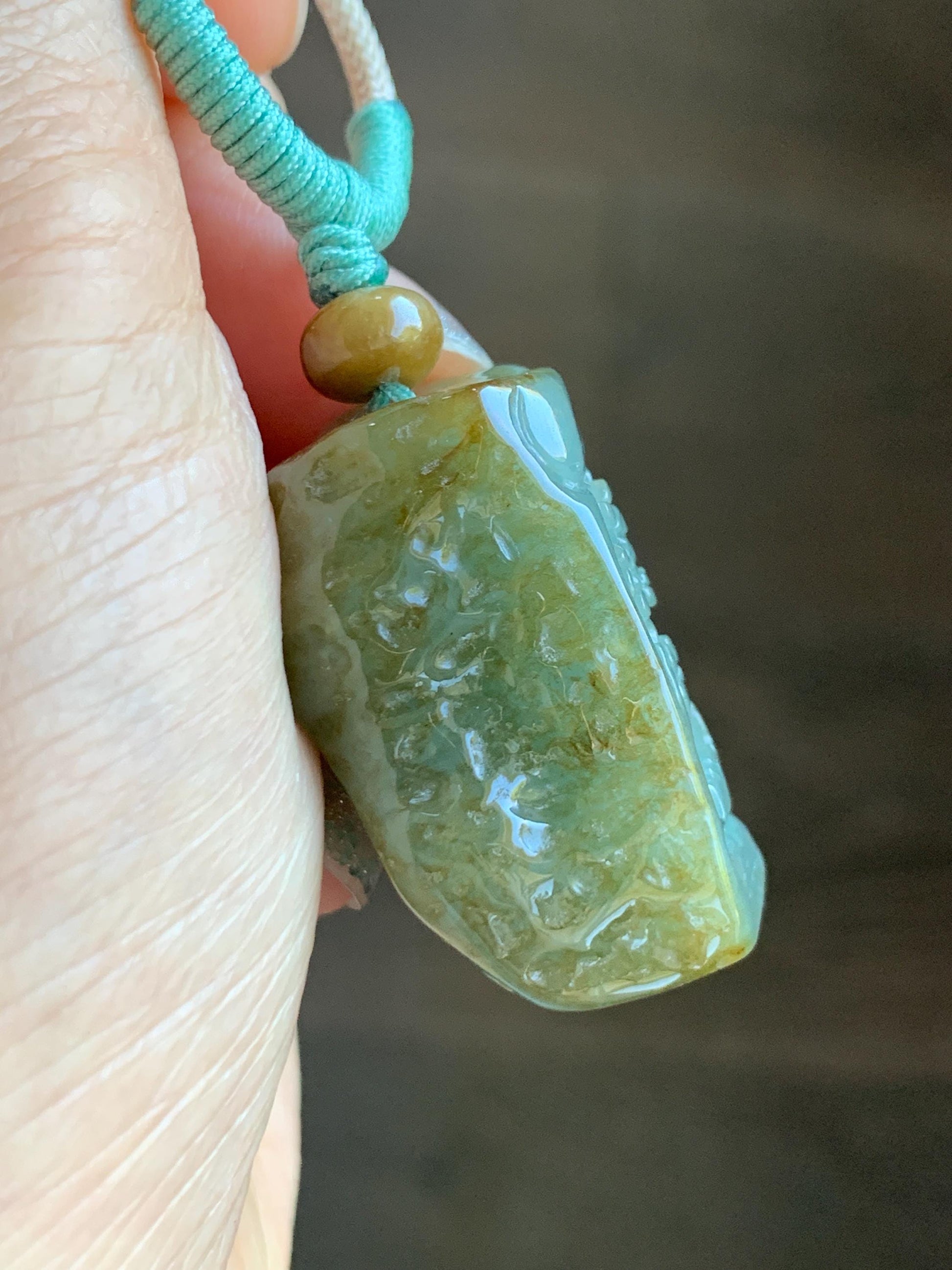 Natural Grade A Icy Translucent Dusty Green Bicolored Jade Jadeite w/ Rind Shan Shui Pendant Rope Necklace 26” 28g 天然冰暗蓝绿翡翠皮壳料山水吊坠项链 PKM95