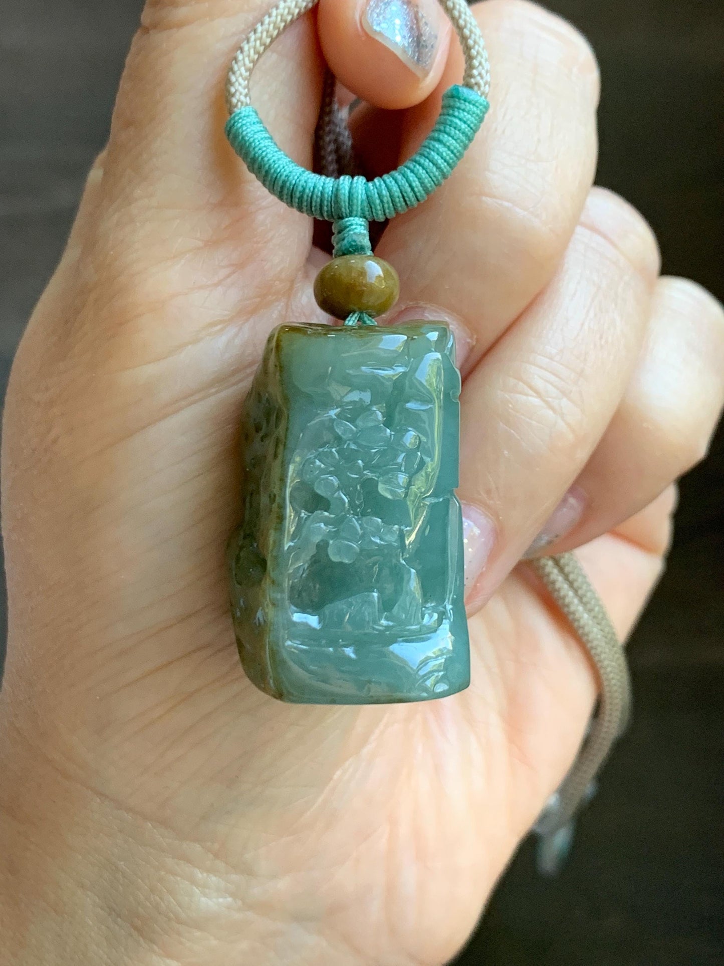 Natural Grade A Icy Translucent Dusty Green Bicolored Jade Jadeite w/ Rind Shan Shui Pendant Rope Necklace 26” 28g 天然冰暗蓝绿翡翠皮壳料山水吊坠项链 PKM95