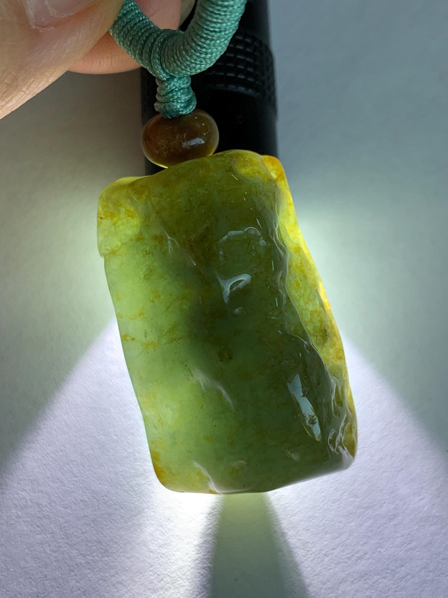 Natural Grade A Icy Translucent Dusty Green Bicolored Jade Jadeite w/ Rind Shan Shui Pendant Rope Necklace 26” 28g 天然冰暗蓝绿翡翠皮壳料山水吊坠项链 PKM95
