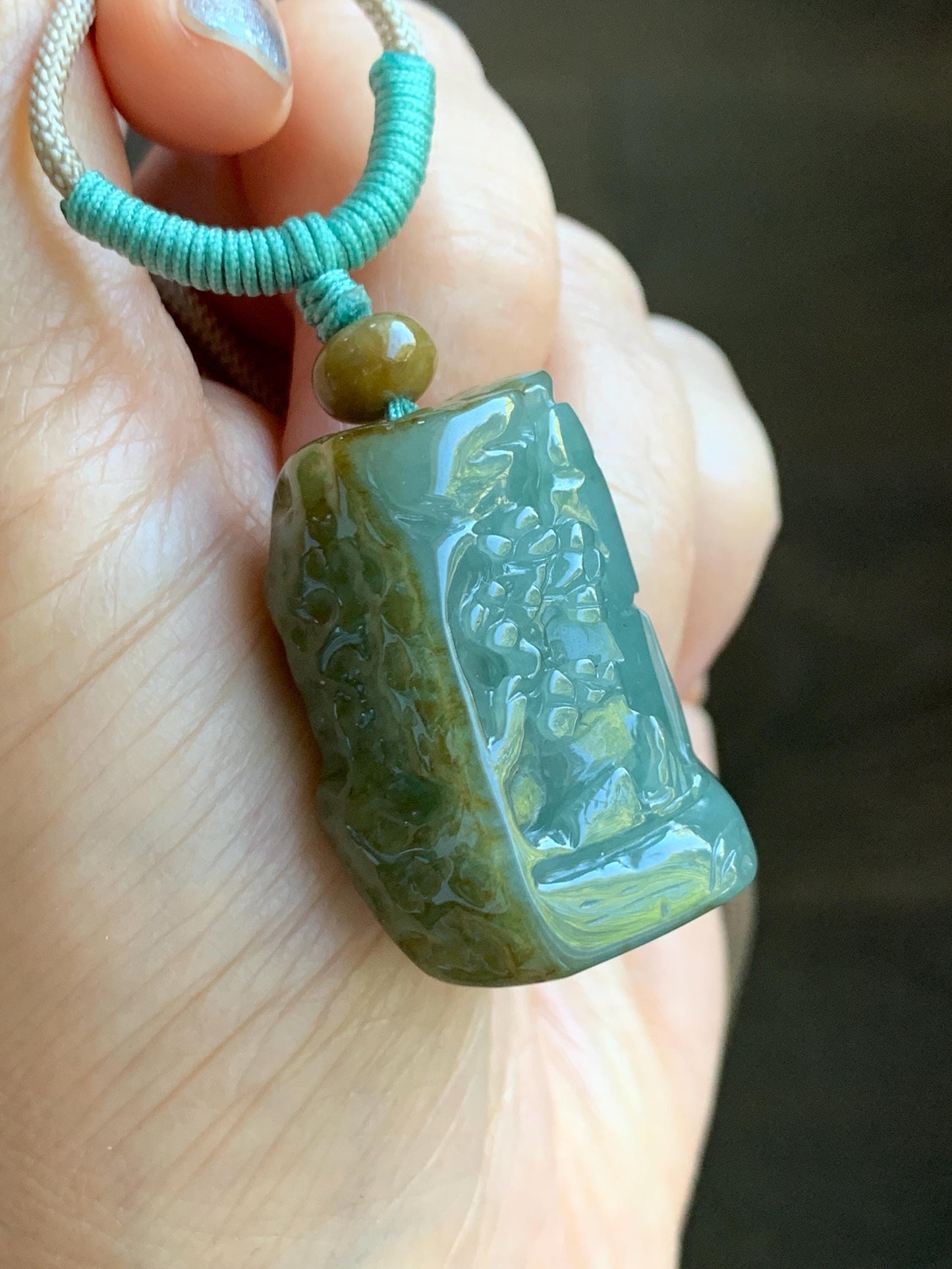 Natural Grade A Icy Translucent Dusty Green Bicolored Jade Jadeite w/ Rind Shan Shui Pendant Rope Necklace 26” 28g 天然冰暗蓝绿翡翠皮壳料山水吊坠项链 PKM95
