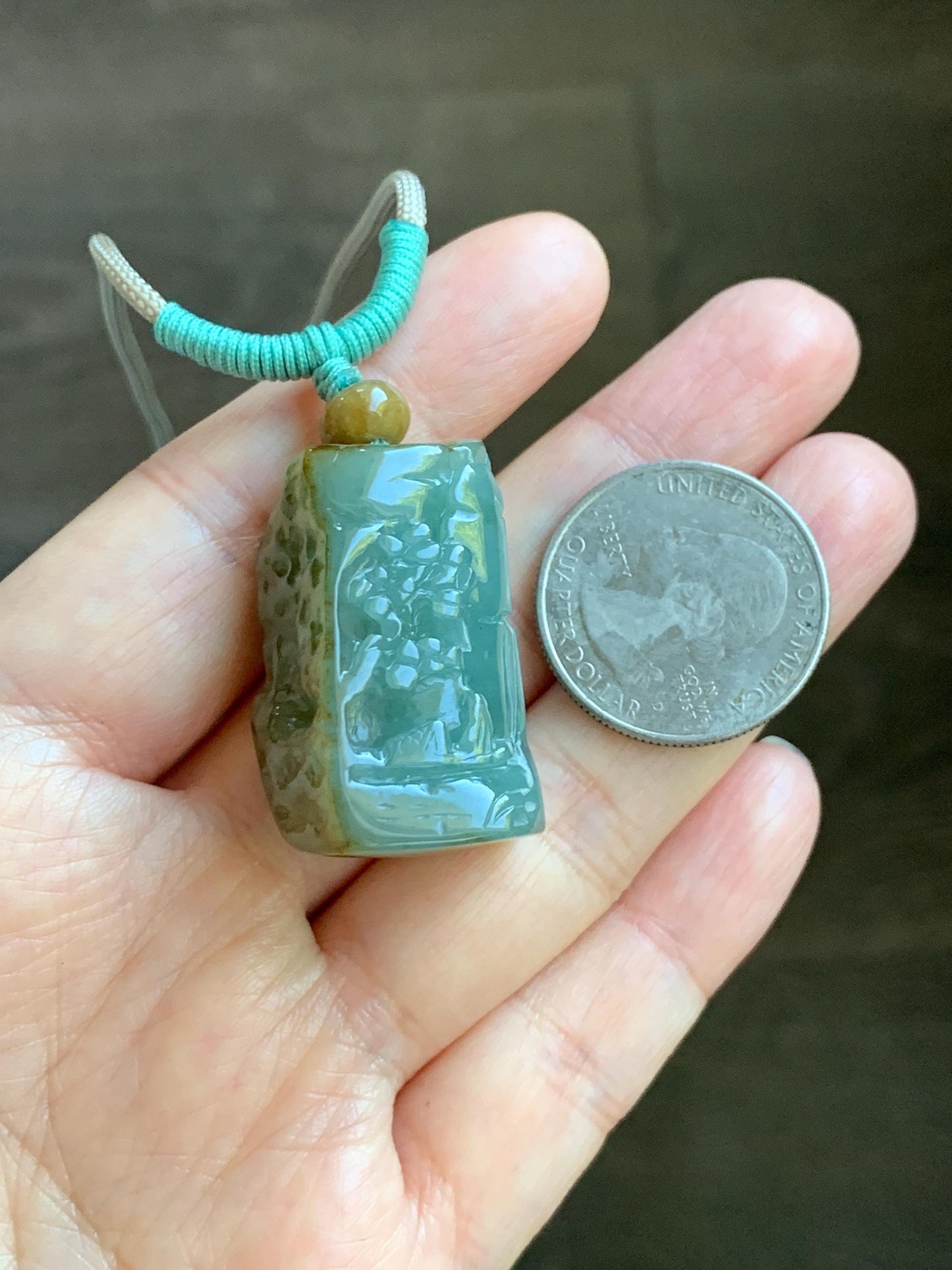Natural Grade A Icy Translucent Dusty Green Bicolored Jade Jadeite w/ Rind Shan Shui Pendant Rope Necklace 26” 28g 天然冰暗蓝绿翡翠皮壳料山水吊坠项链 PKM95
