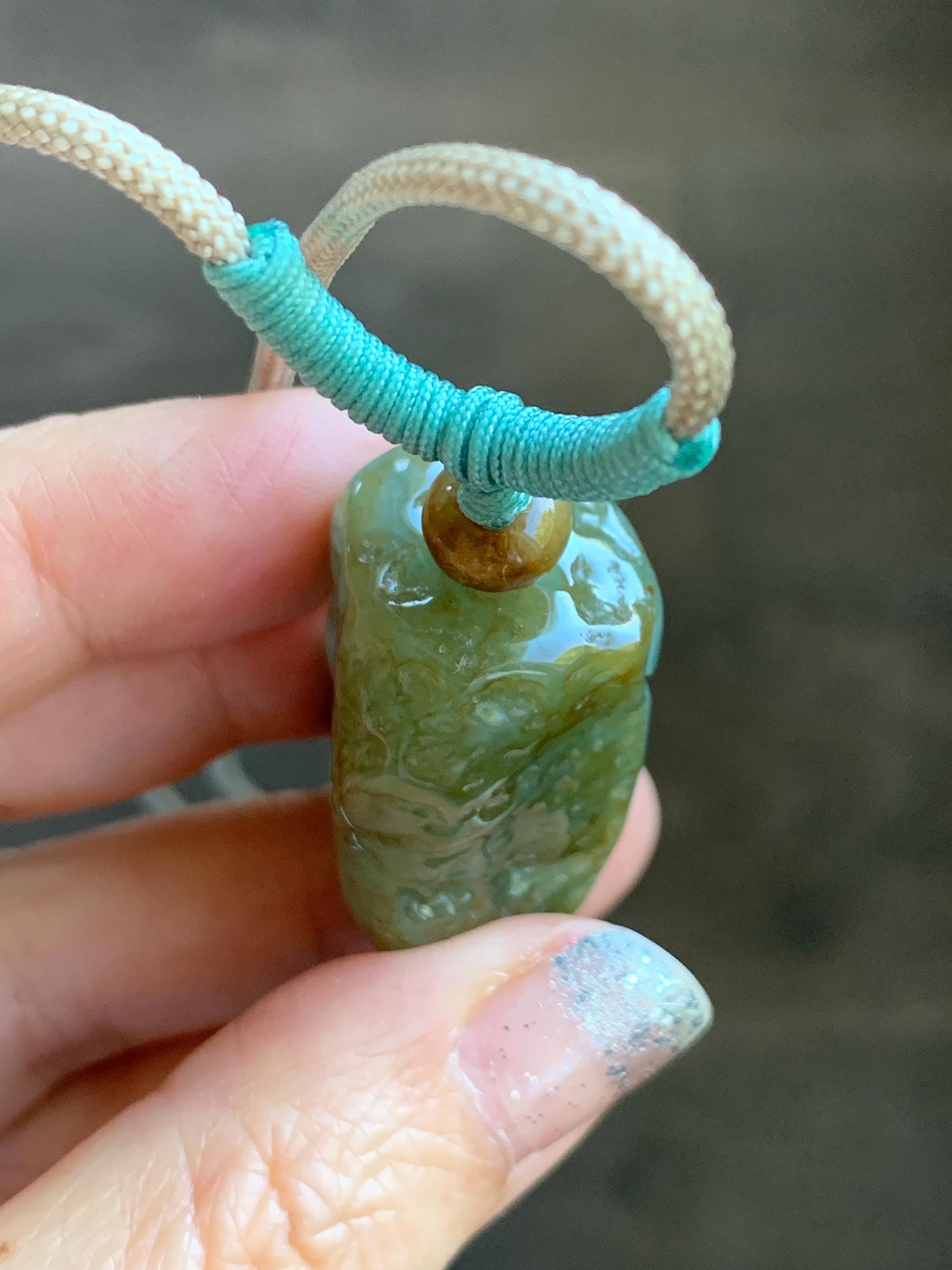 Natural Grade A Icy Translucent Dusty Green Bicolored Jade Jadeite w/ Rind Shan Shui Pendant Rope Necklace 26” 28g 天然冰暗蓝绿翡翠皮壳料山水吊坠项链 PKM95