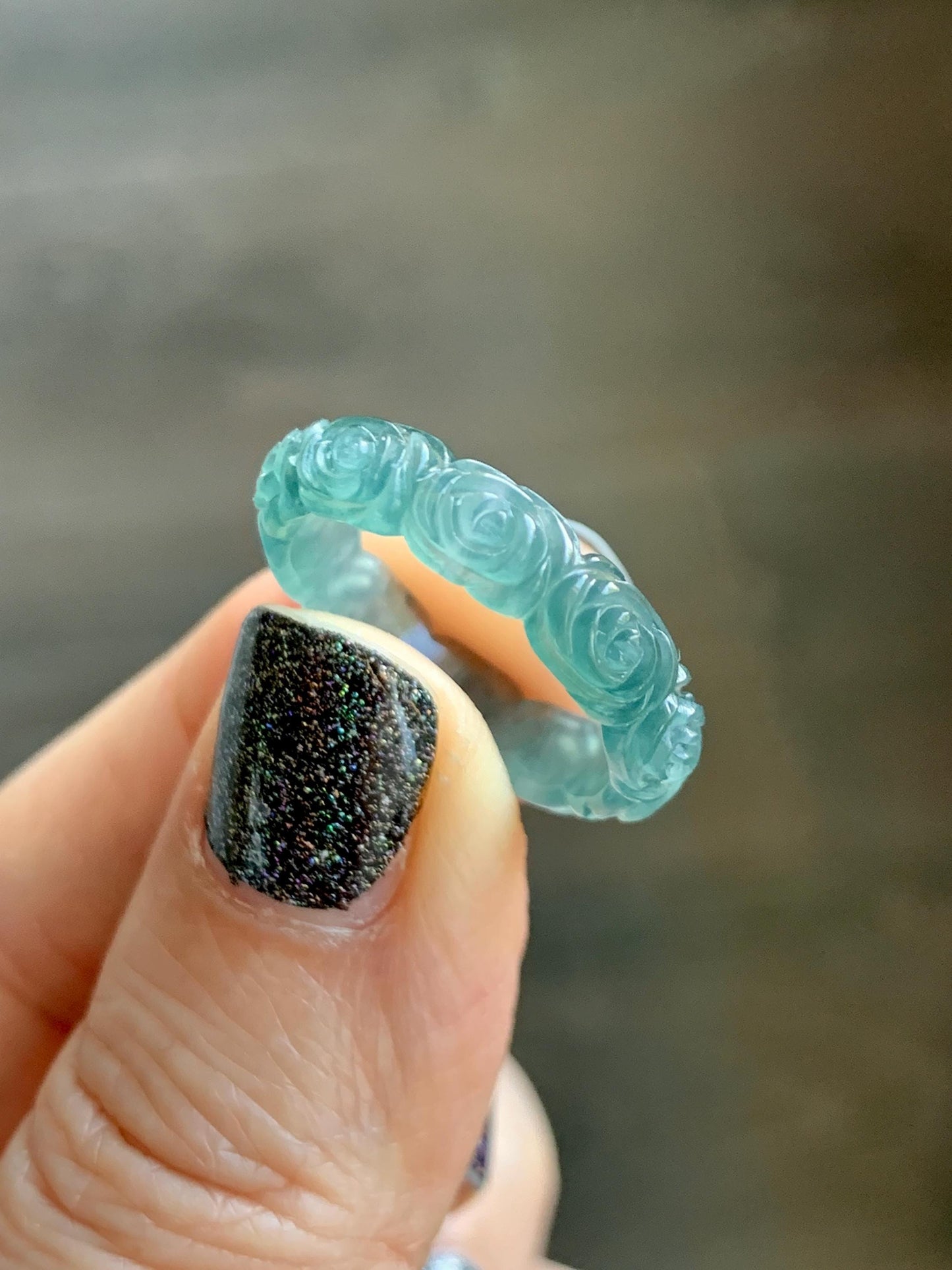 Grade A Natural Guatemalan Icy Translucent Dark Teal Blue Jade Jadeite Carved Rose Band Ring Size 7.25 US 天然冰胶危蓝翡翠玫瑰花戒圈 GWR450C