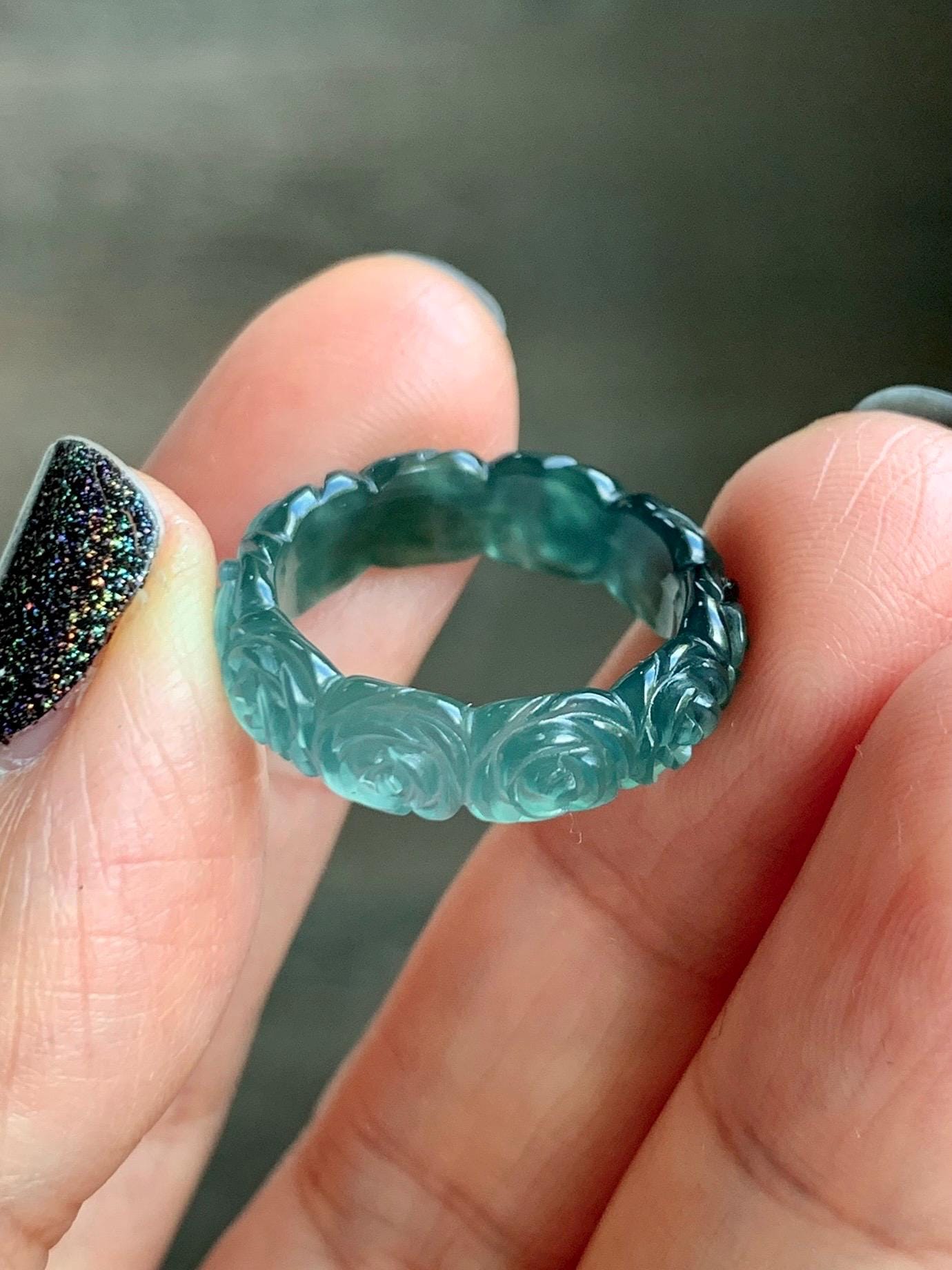 Grade A Natural Guatemalan Icy Translucent Dark Teal Blue Jade Jadeite Carved Rose Band Ring Size 6 US 天然冰胶危蓝翡翠玫瑰花戒圈 GWR450B