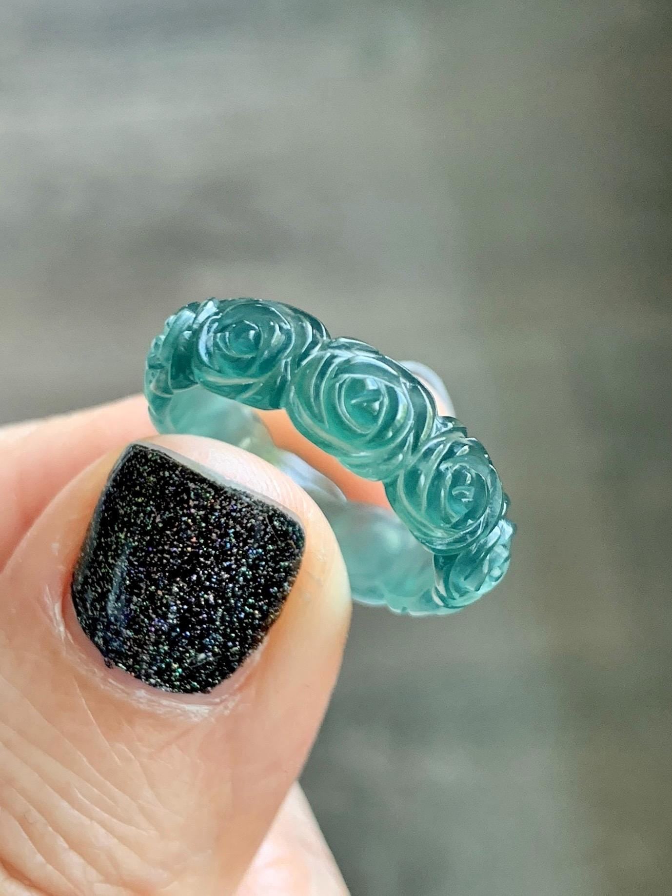 Grade A Natural Guatemalan Icy Translucent Dark Teal Blue Jade Jadeite Carved Rose Band Ring Size 6 US 天然冰胶危蓝翡翠玫瑰花戒圈 GWR450B