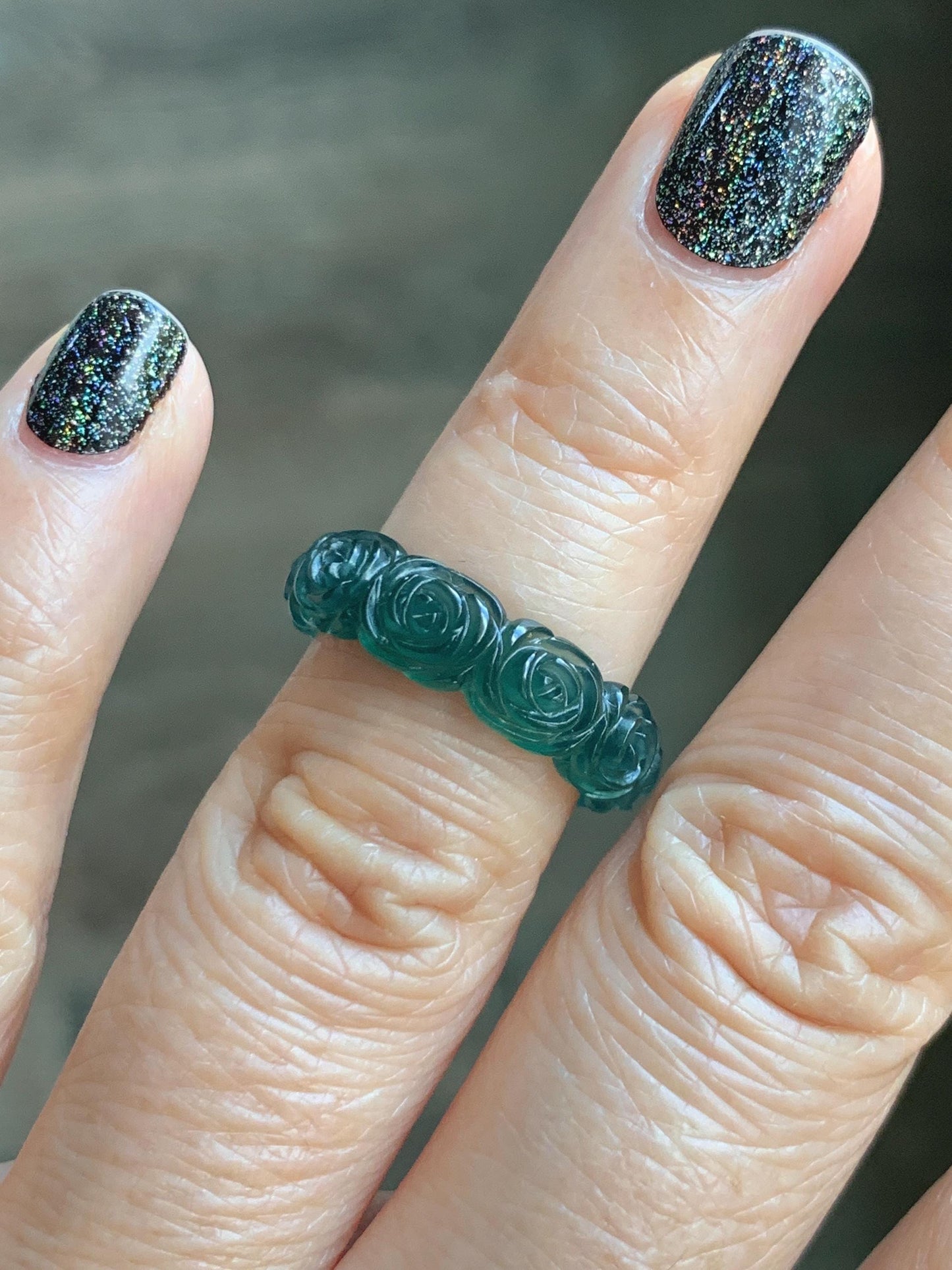 Grade A Natural Guatemalan Icy Translucent Dark Teal Blue Jade Jadeite Carved Rose Band Ring Size 6 US 天然冰胶危蓝翡翠玫瑰花戒圈 GWR450B