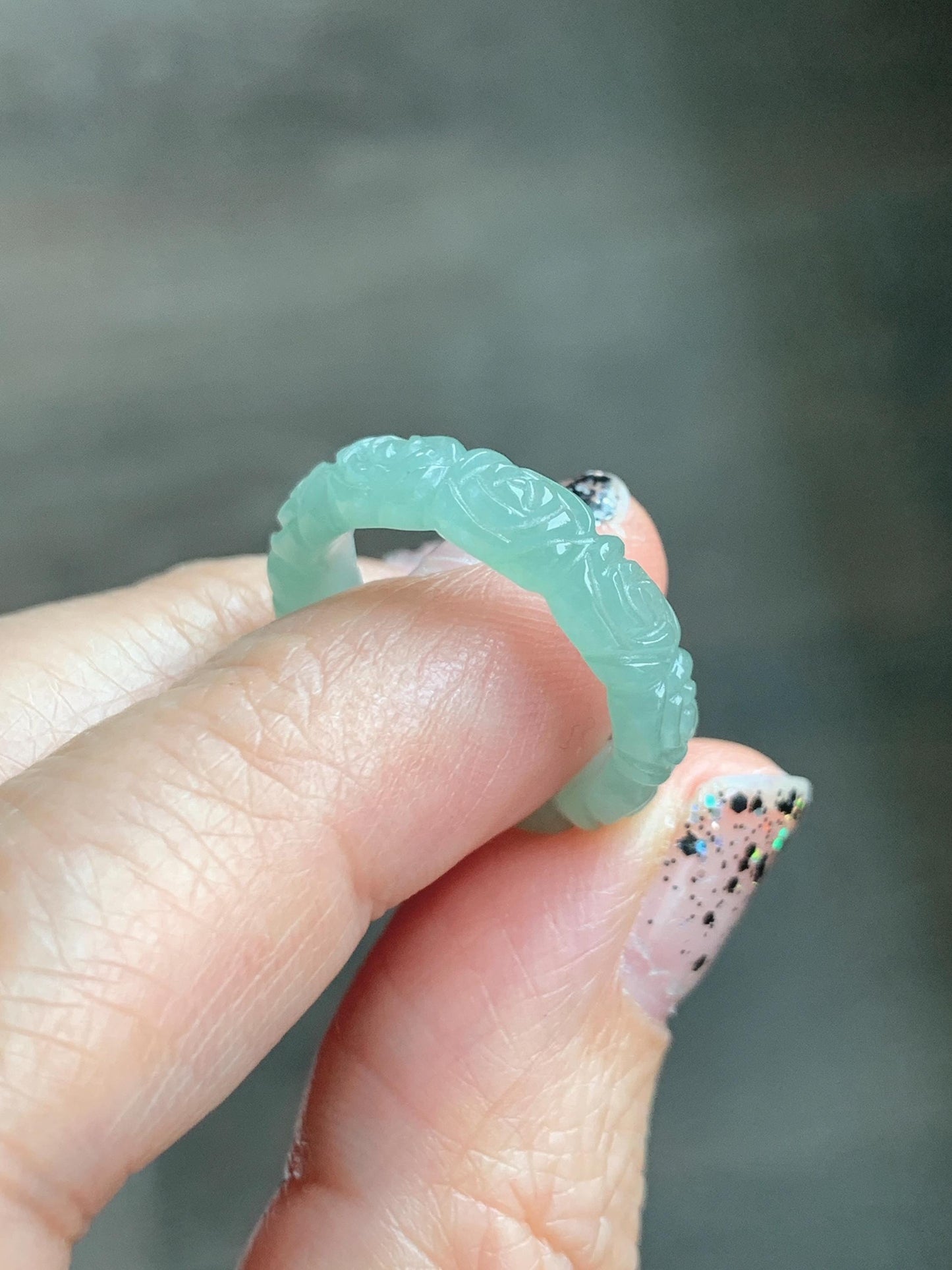 Grade A Natural Icy Translucent Light Green Jade Jadeite Carved Rose Band Ring Size 5 US 天然冰晴色翡翠玫瑰花戒圈 MQH110