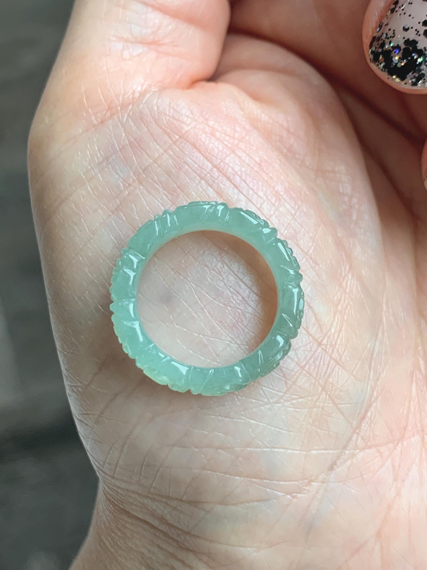Grade A Natural Icy Translucent Light Green Jade Jadeite Carved Rose Band Ring Size 5 US 天然冰晴色翡翠玫瑰花戒圈 MQH110