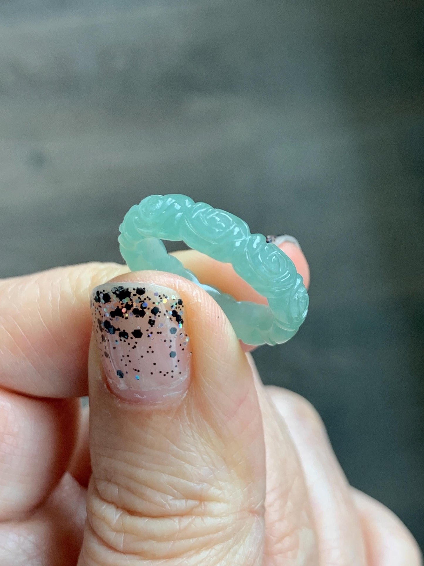 Grade A Natural Icy Translucent Light Green Jade Jadeite Carved Rose Band Ring Size 5 US 天然冰晴色翡翠玫瑰花戒圈 MQH110