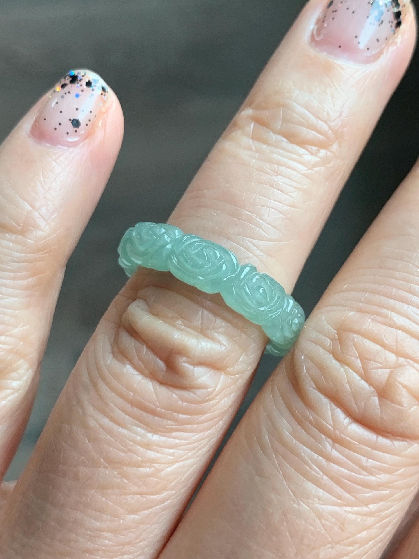 Grade A Natural Icy Translucent Light Green Jade Jadeite Carved Rose Band Ring Size 5 US 天然冰晴色翡翠玫瑰花戒圈 MQH110