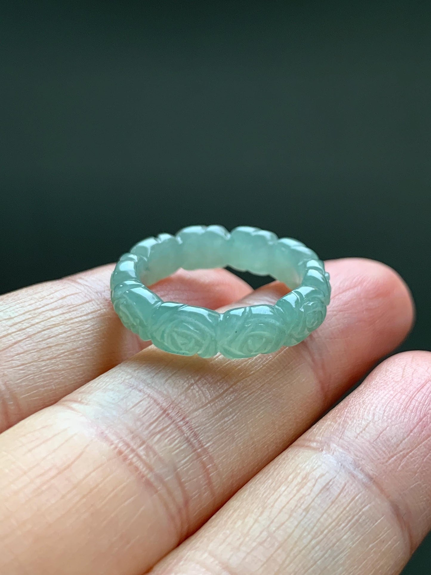 Grade A Natural Icy Translucent Light Green Jade Jadeite Carved Rose Band Ring Size 5 US 天然冰晴色翡翠玫瑰花戒圈 MQH110