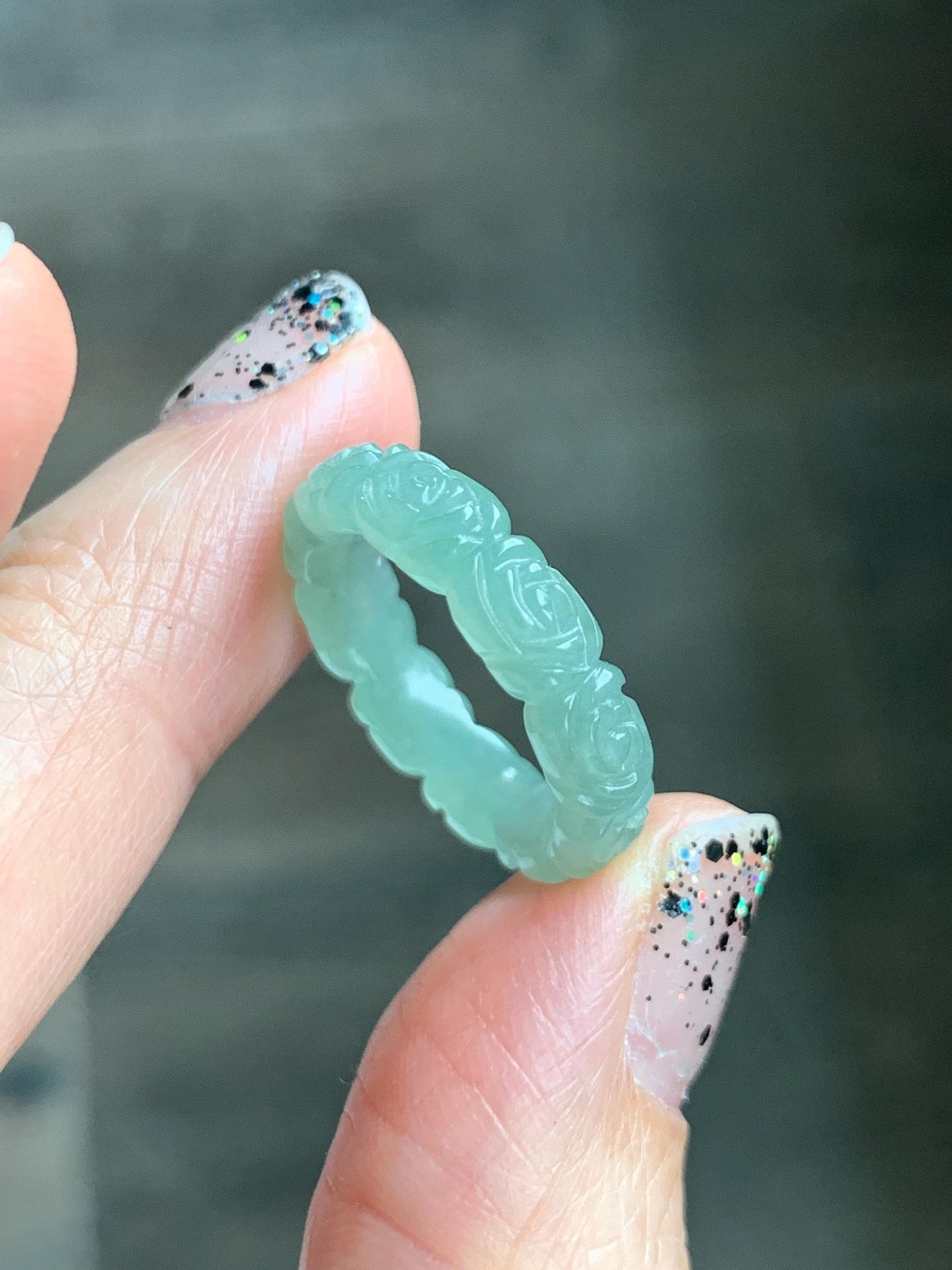 Grade A Natural Icy Translucent Light Green Jade Jadeite Carved Rose Band Ring Size 5 US 天然冰晴色翡翠玫瑰花戒圈 MQH110