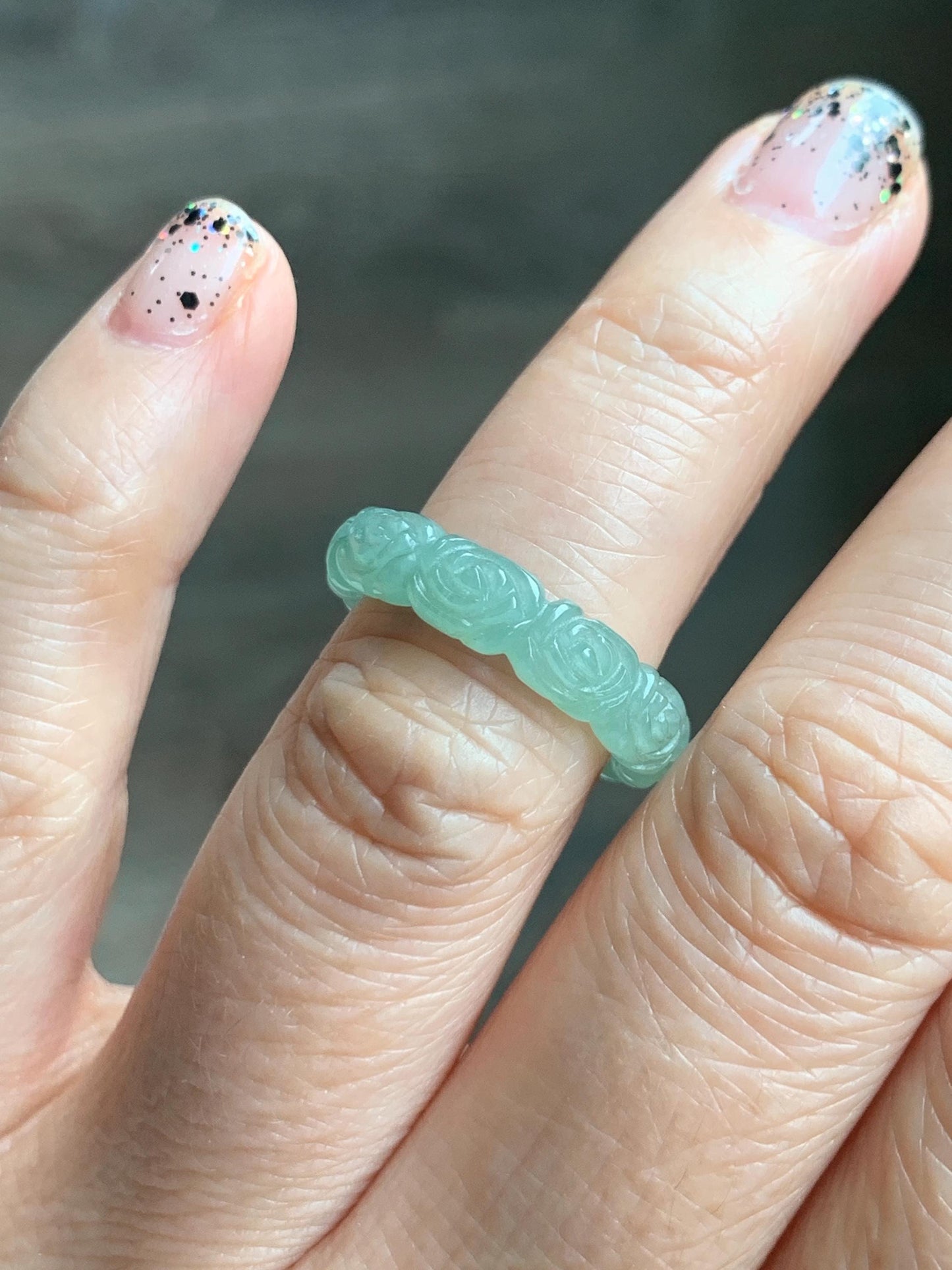 Grade A Natural Icy Translucent Light Green Jade Jadeite Carved Rose Band Ring Size 5 US 天然冰晴色翡翠玫瑰花戒圈 MQH110