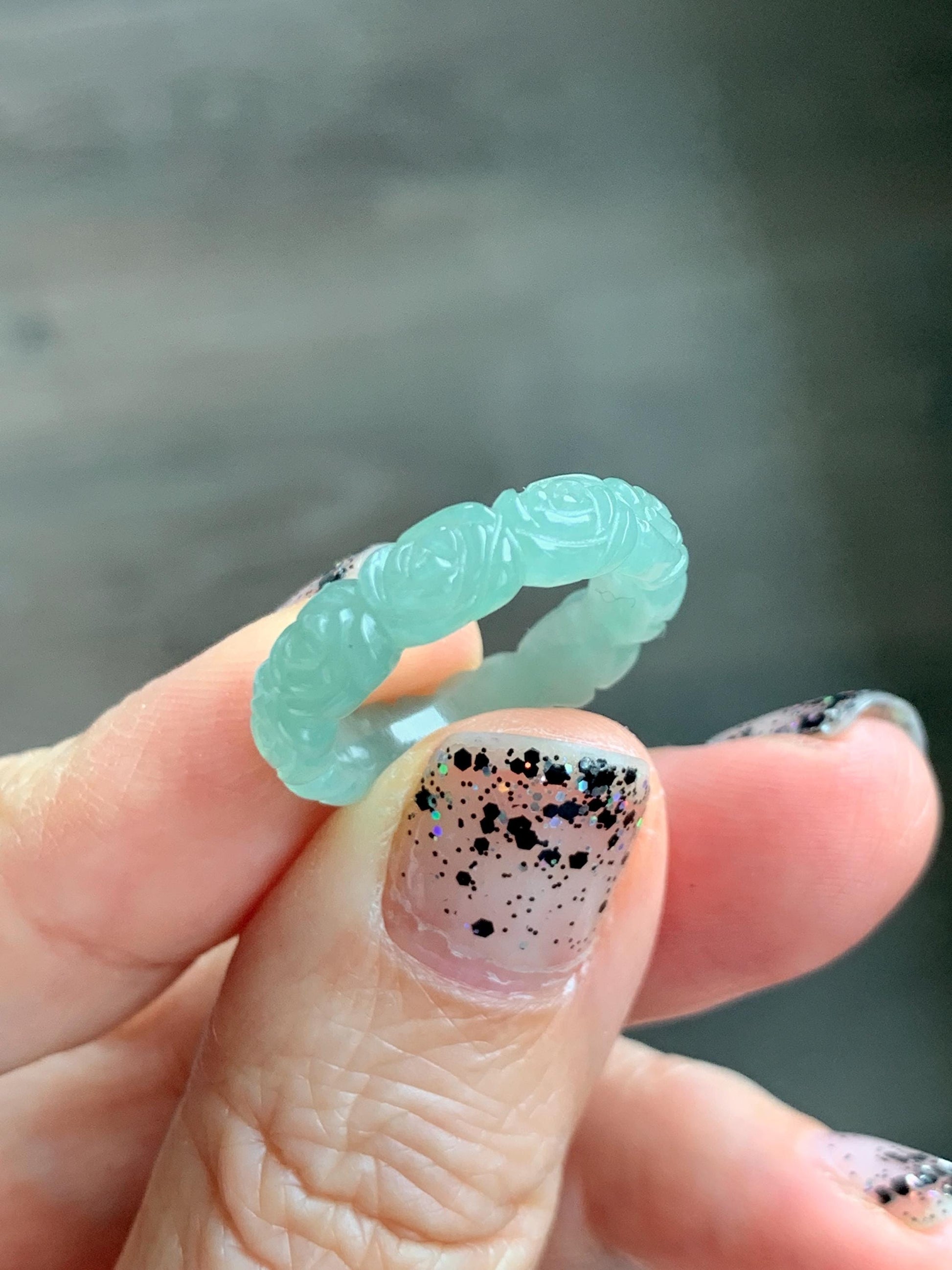 Grade A Natural Icy Translucent Light Green Jade Jadeite Carved Rose Band Ring Size 5 US 天然冰晴色翡翠玫瑰花戒圈 MQH110
