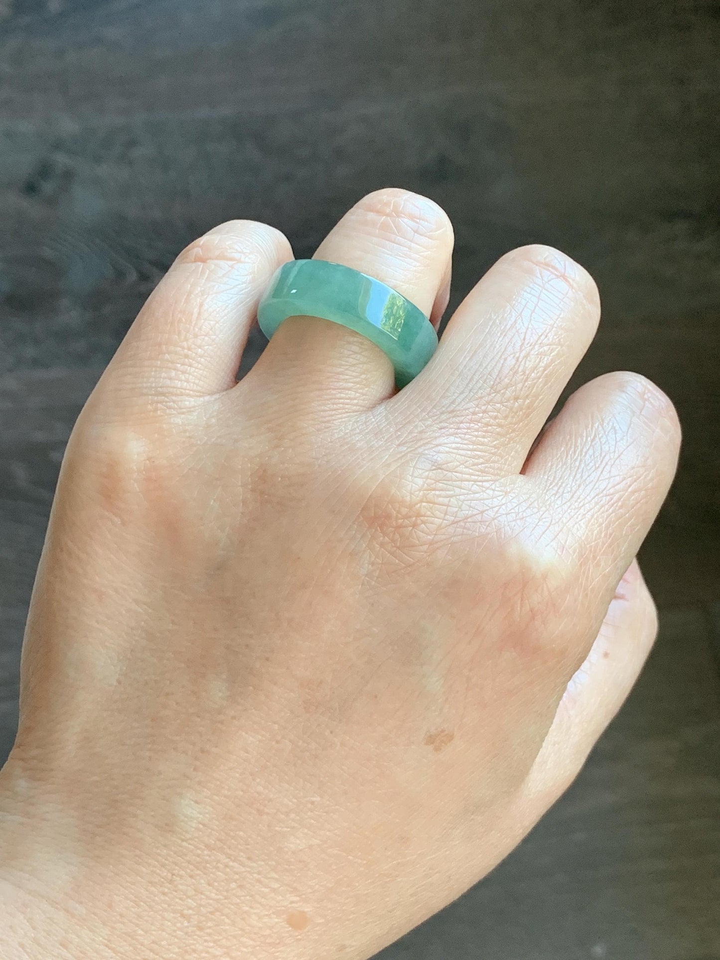 Natural Grade A Icy Translucent Gelatinous Light Green Jade Jadeite Square Edged Band Ring Size 7.25 US 7g 天然冰胶晴色翡翠角戒戒圈 MQF128