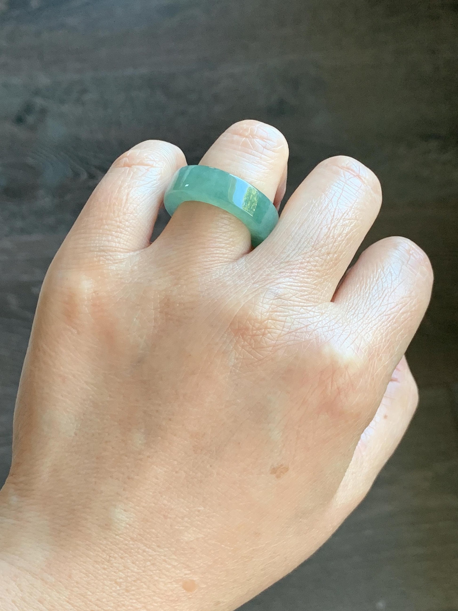 Natural Grade A Icy Translucent Gelatinous Light Green Jade Jadeite Square Edged Band Ring Size 7.25 US 7g 天然冰胶晴色翡翠角戒戒圈 MQF128