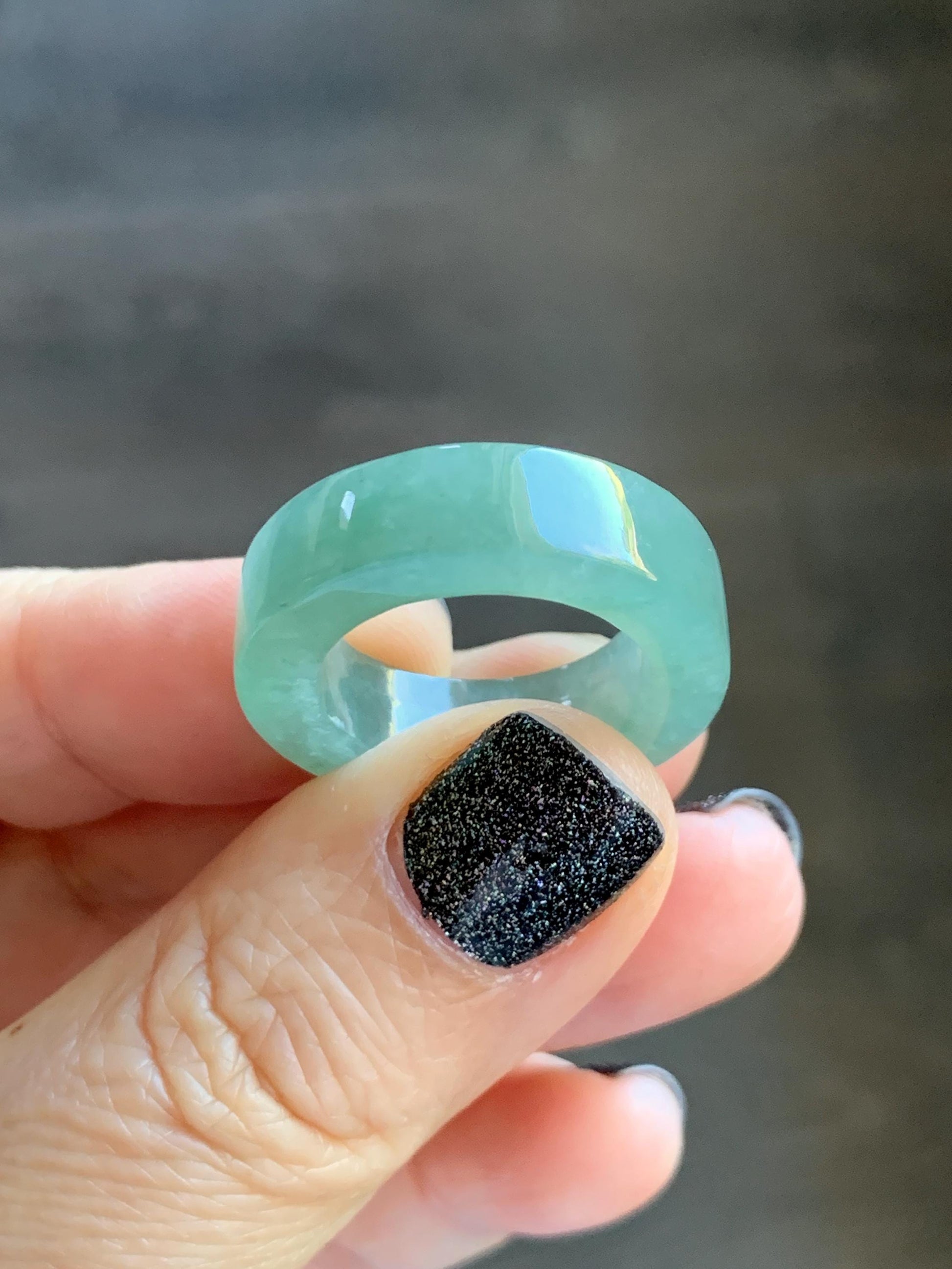 Natural Grade A Icy Translucent Gelatinous Light Green Jade Jadeite Square Edged Band Ring Size 7.25 US 7g 天然冰胶晴色翡翠角戒戒圈 MQF128
