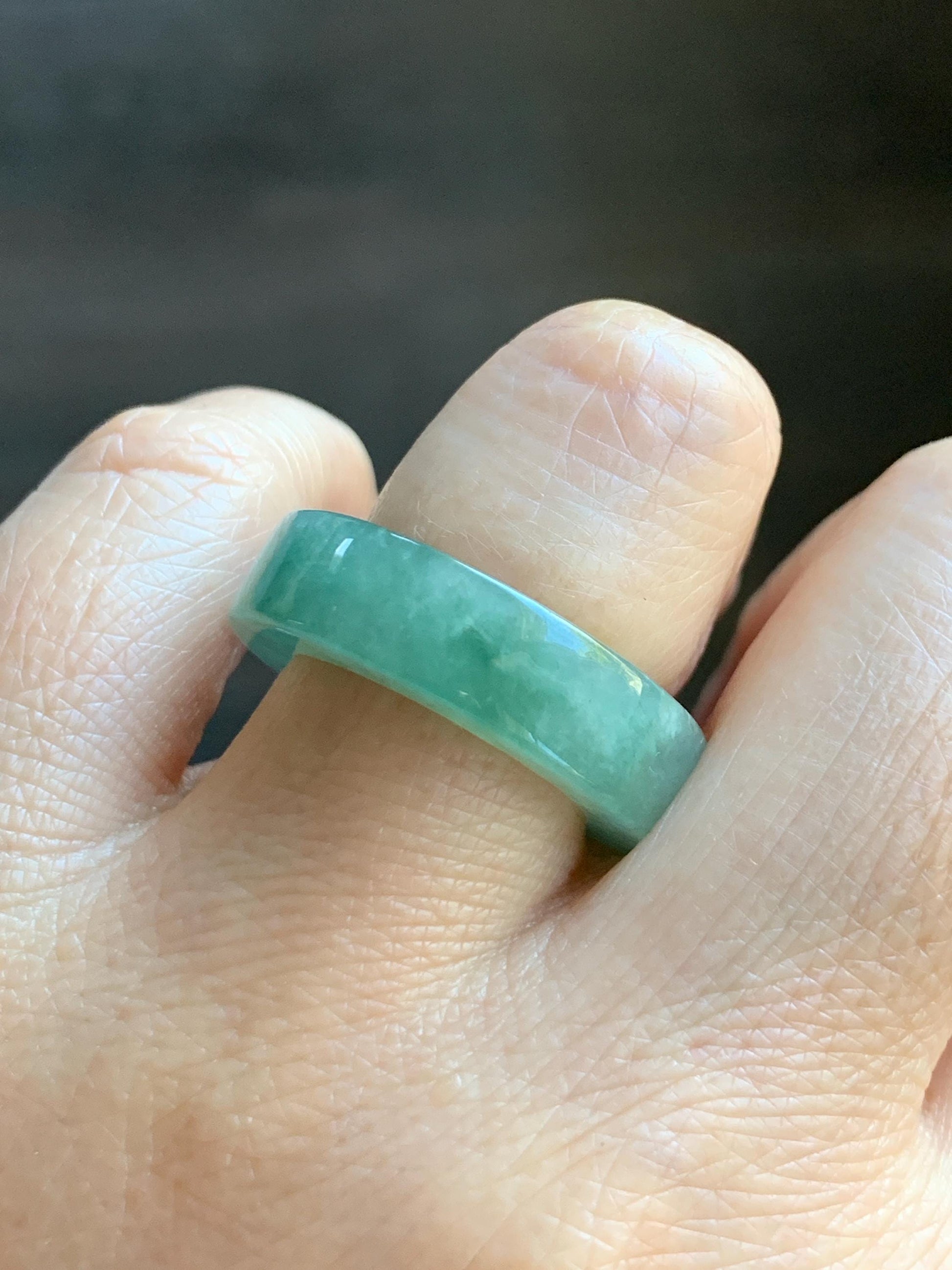 Natural Grade A Icy Translucent Gelatinous Light Green Jade Jadeite Square Edged Band Ring Size 7.25 US 7g 天然冰胶晴色翡翠角戒戒圈 MQF128