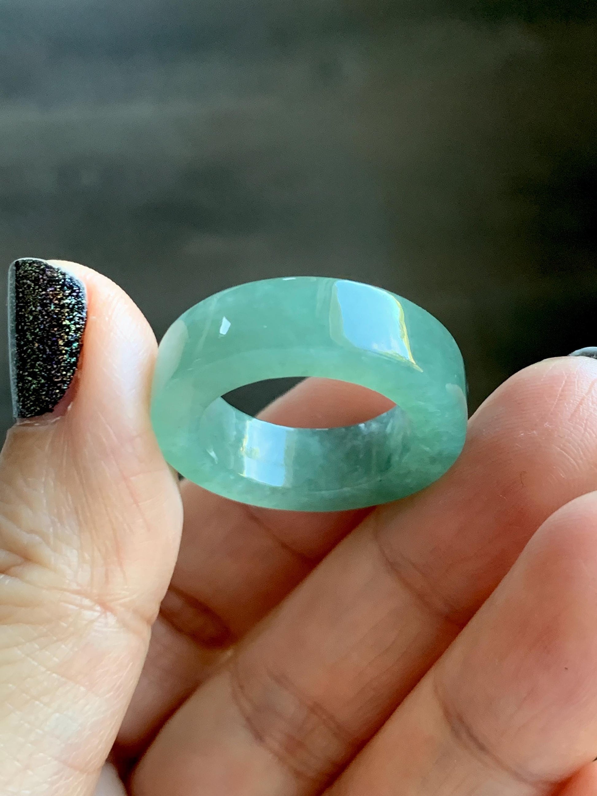 Natural Grade A Icy Translucent Gelatinous Light Green Jade Jadeite Square Edged Band Ring Size 7.25 US 7g 天然冰胶晴色翡翠角戒戒圈 MQF128