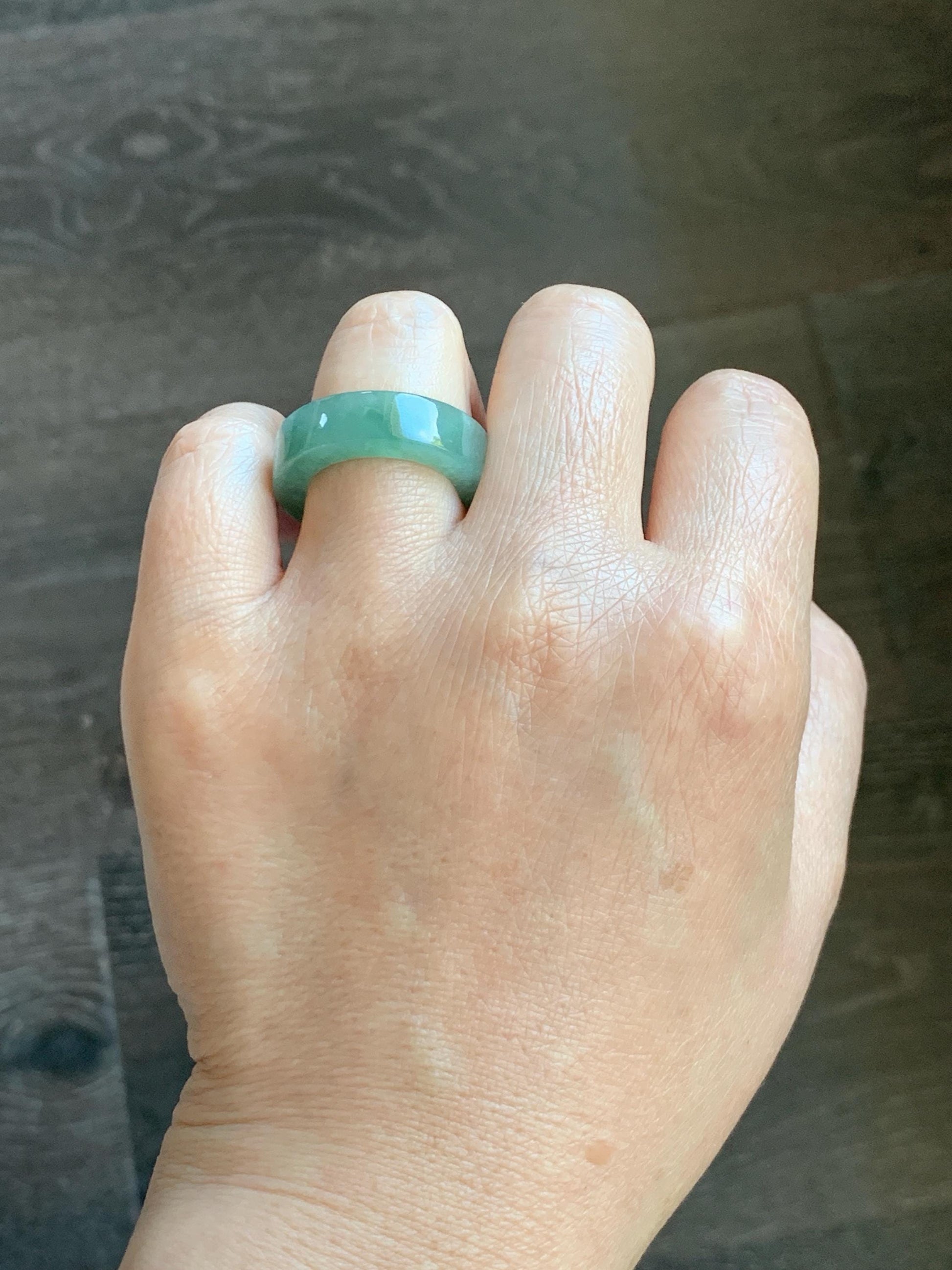 Natural Grade A Icy Translucent Gelatinous Light Green Jade Jadeite Square Edged Band Ring Size 7.25 US 7g 天然冰胶晴色翡翠角戒戒圈 MQF128