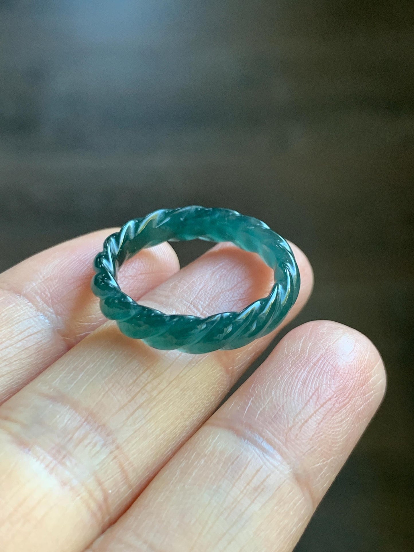 Natural Grade A Guatemalan Icy Translucent Gelatinous Dark Teal Blue Jade Jadeite Carved Braid Band Ring Size 7.5 US 天然冰胶危蓝水翡翠麻花戒圈 MHW66A