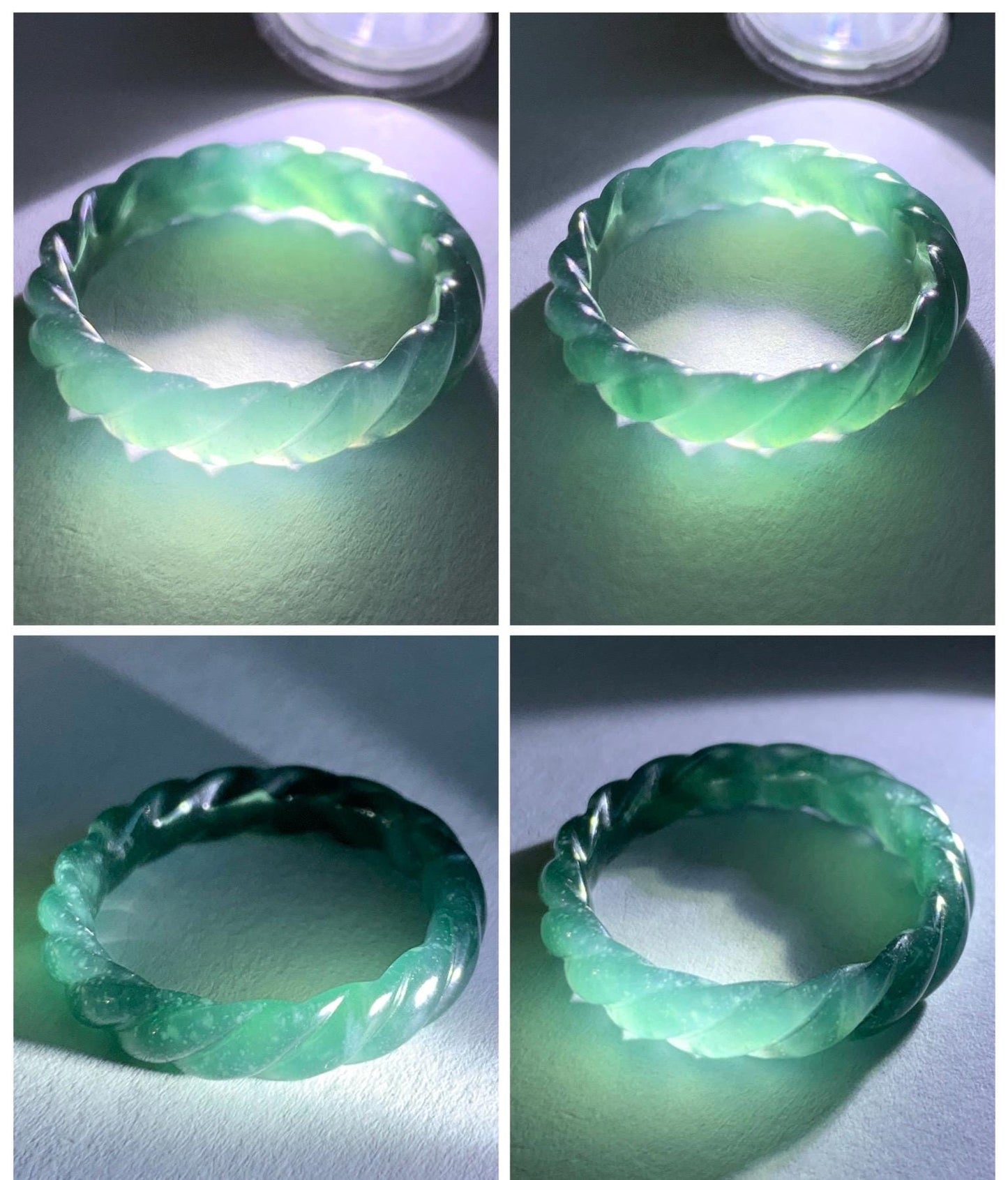 Natural Grade A Guatemalan Icy Translucent Gelatinous Dark Teal Blue Jade Jadeite Carved Braid Band Ring Size 7.5 US 天然冰胶危蓝水翡翠麻花戒圈 MHW66A