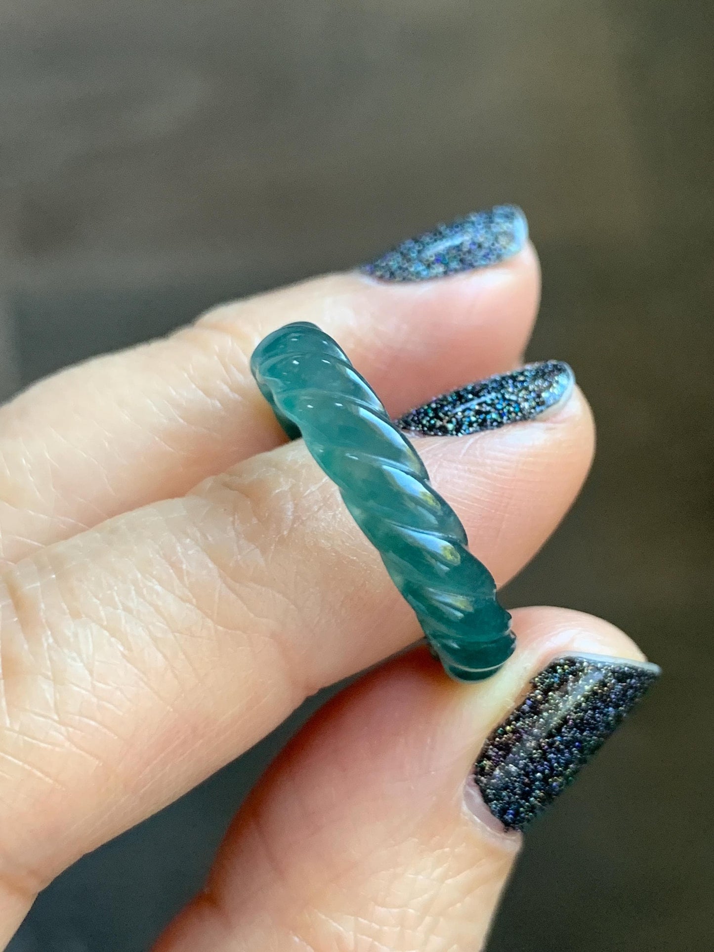 Natural Grade A Guatemalan Icy Translucent Gelatinous Dark Teal Blue Jade Jadeite Carved Braid Band Ring Size 7.5 US 天然冰胶危蓝水翡翠麻花戒圈 MHW66A